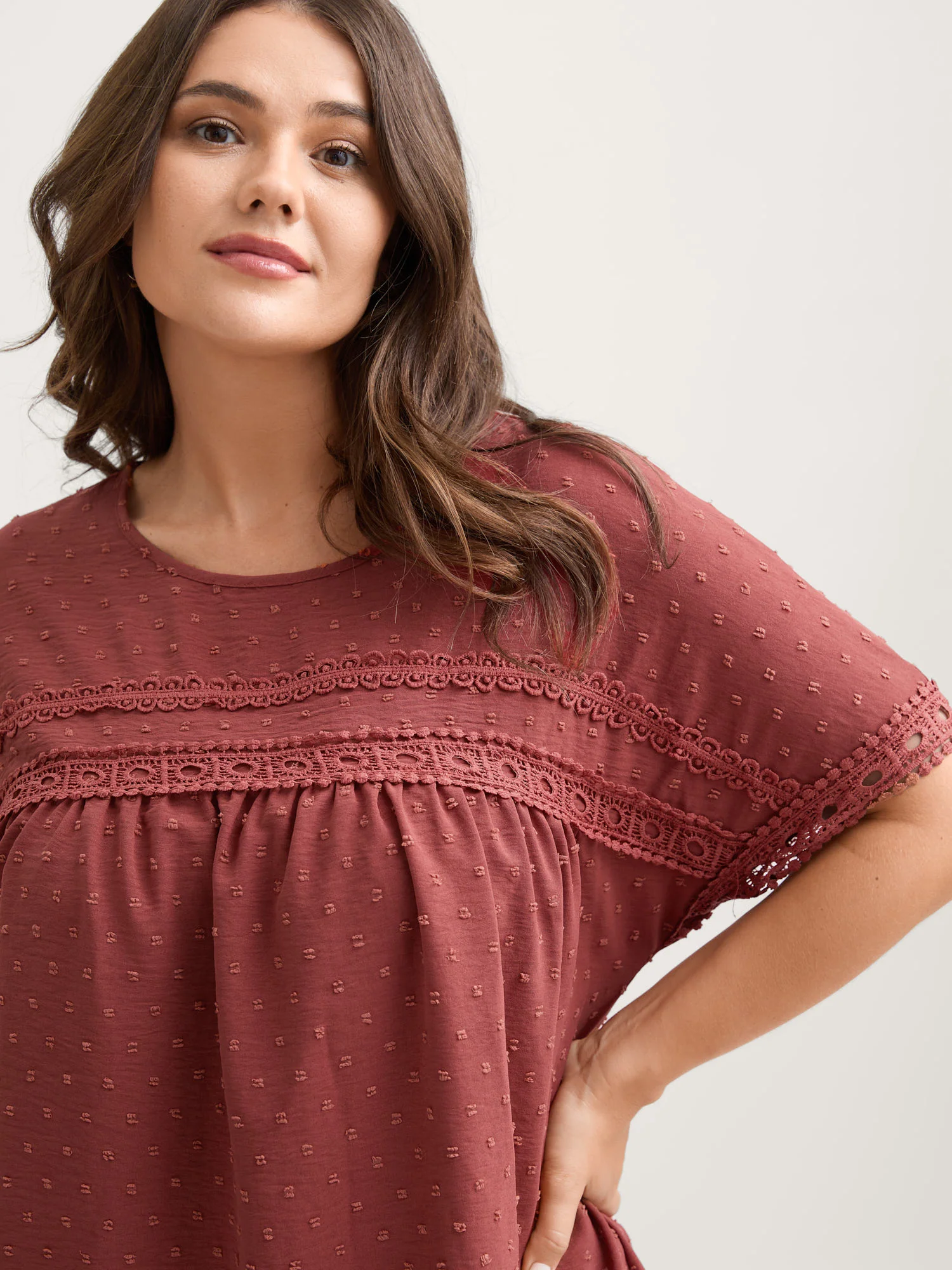 Textured Lace Trim Solid Blouse