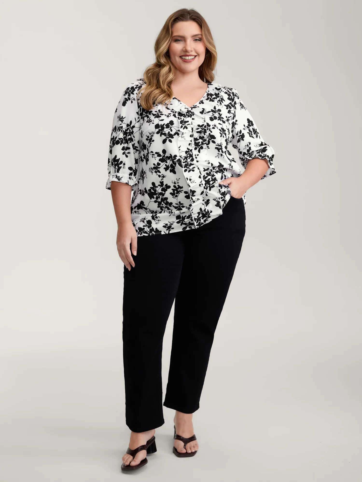 Fall Silhouette Florals Button Ruffled Blouse