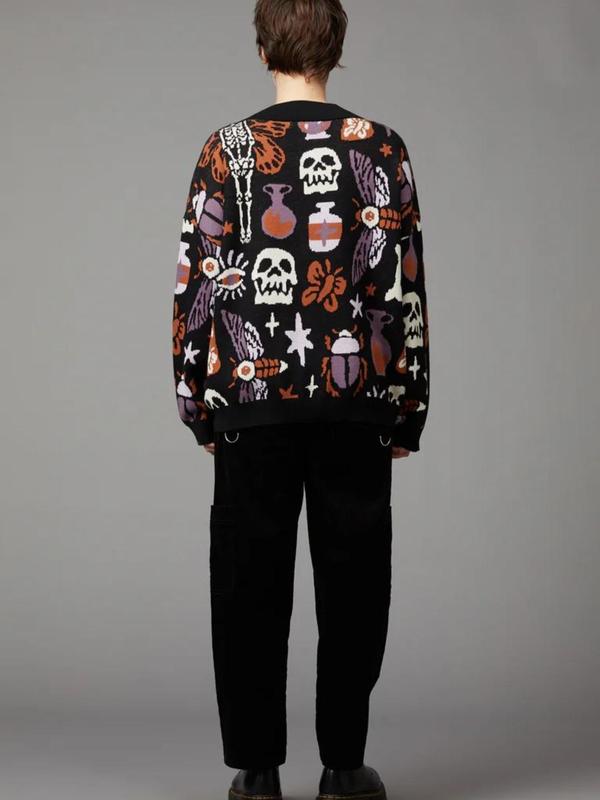 Women's Halloween Themed All Over Hybrid Skull Knit Button Front Cardigan, Casual Drop Shoulder Long Sleeve V Neck Knitwear for Fall, Fashion Ladies' Knit Clothing for Daily Wear