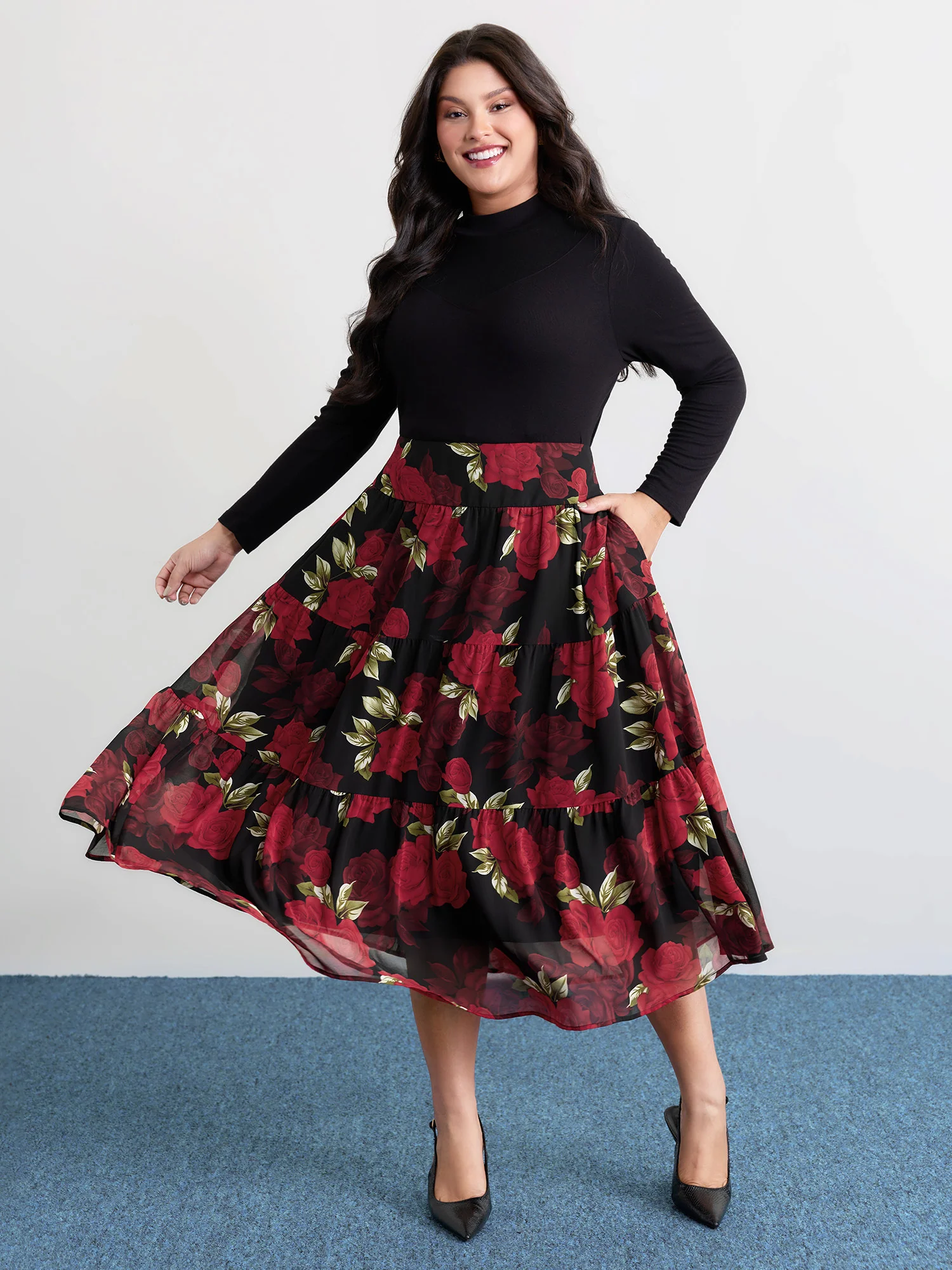 Large Flower Print Wide Waistband Midi Skirt