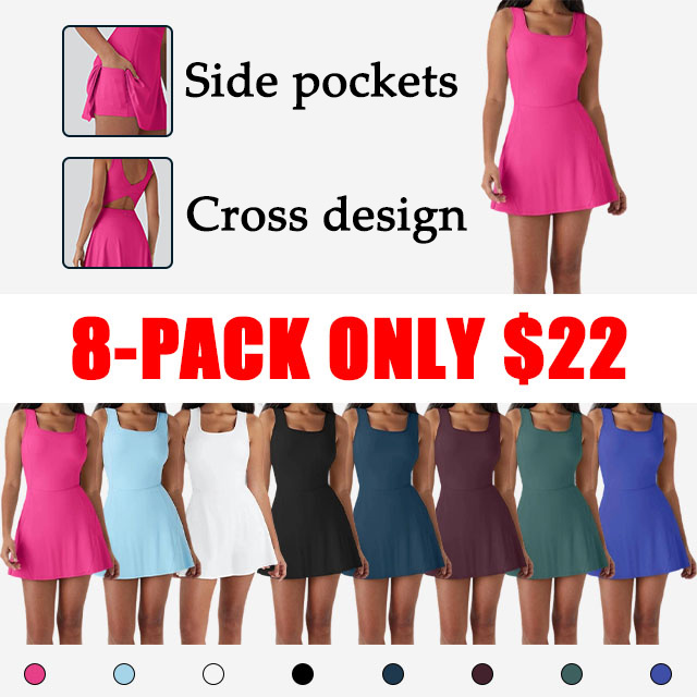 Women's U-Neck Backless Active Dress with Built-In Shorts