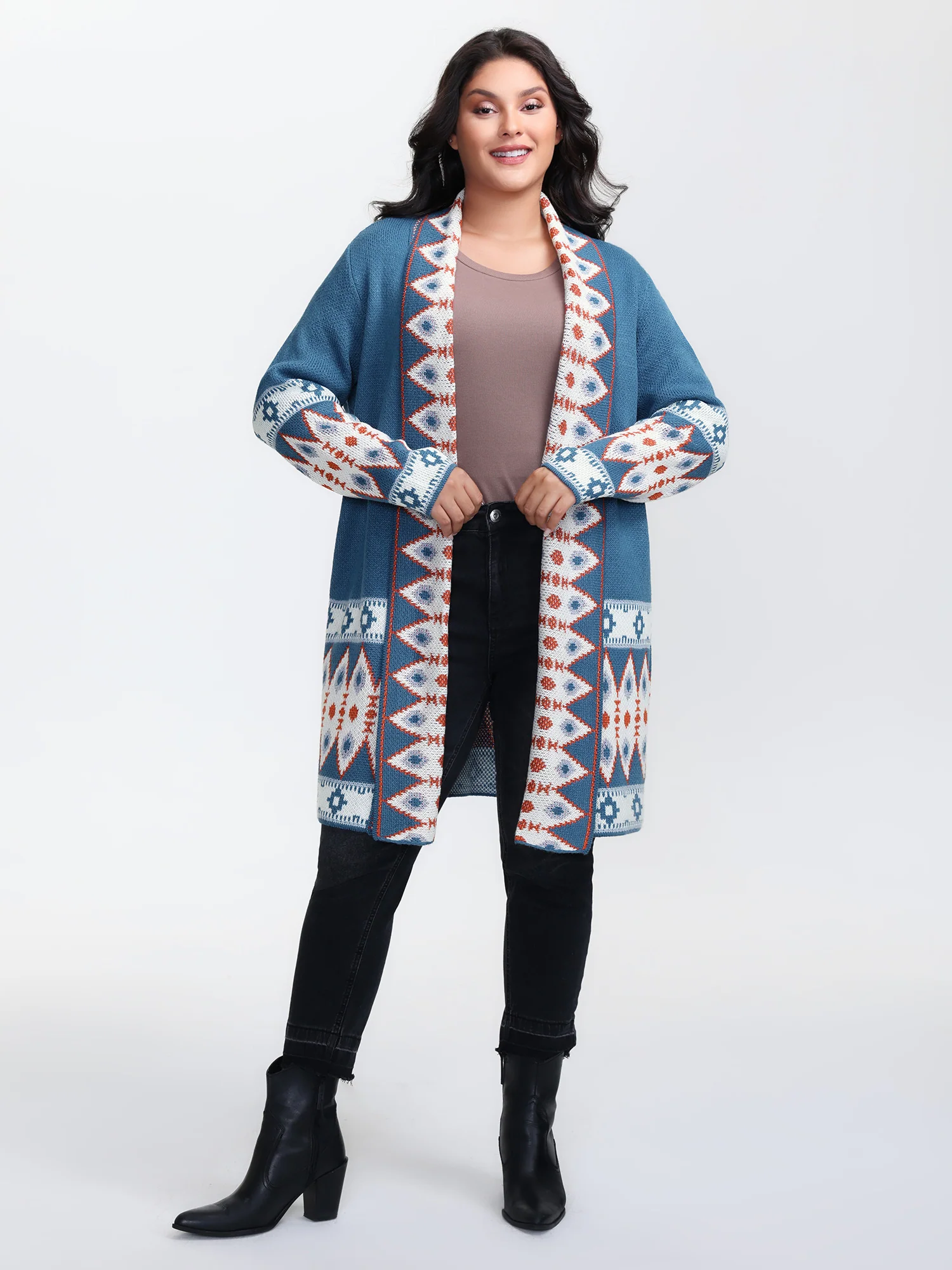 Boho Pattern Jacquard Folded Collar Knit Cardigan