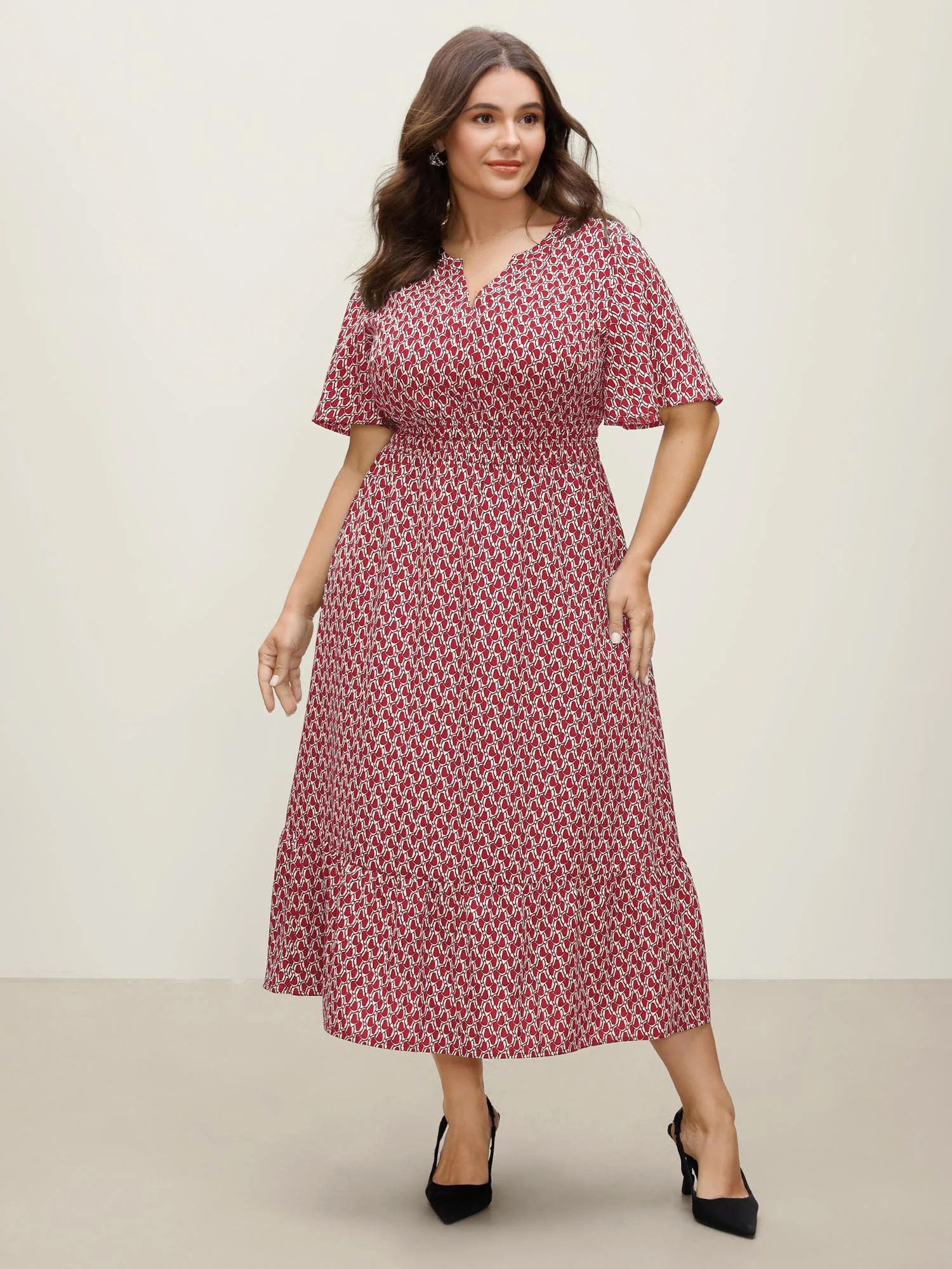 Geometric Print Waist-Cinched Tiered Midi Dress