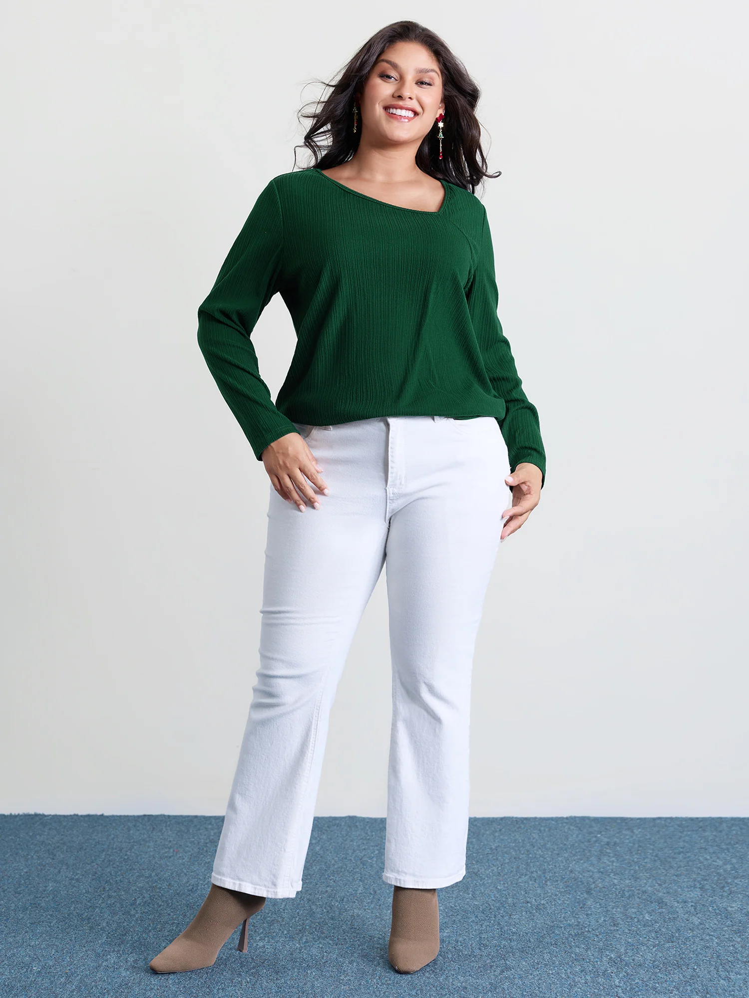 Super Stretchy Ribbed Asymmetrical Neck T-Shirt