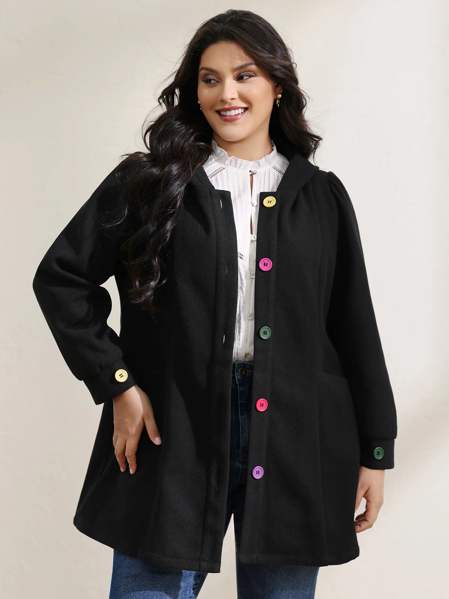 Colorful Buttons Hooded Pocket Coat
