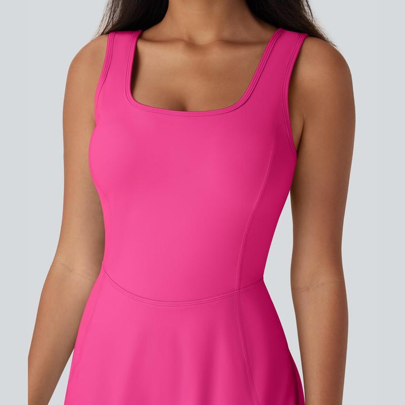 Women's U-Neck Backless Active Dress with Built-In Shorts