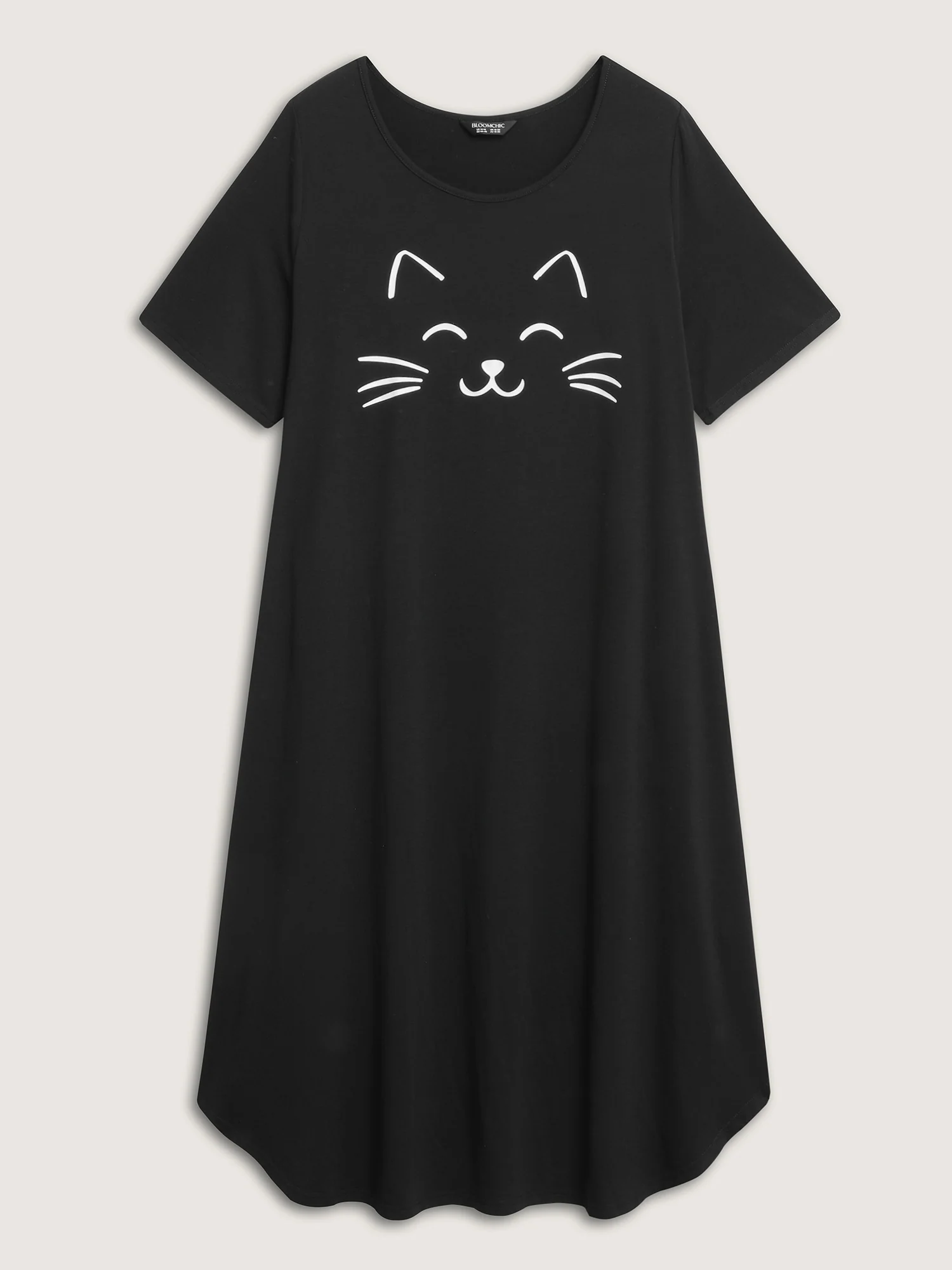 Happy Cat Print Stretchy Contrast Sleep Dress