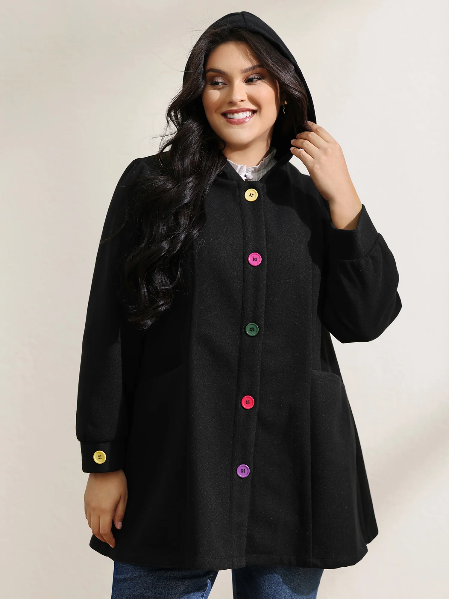 Colorful Buttons Hooded Pocket Coat