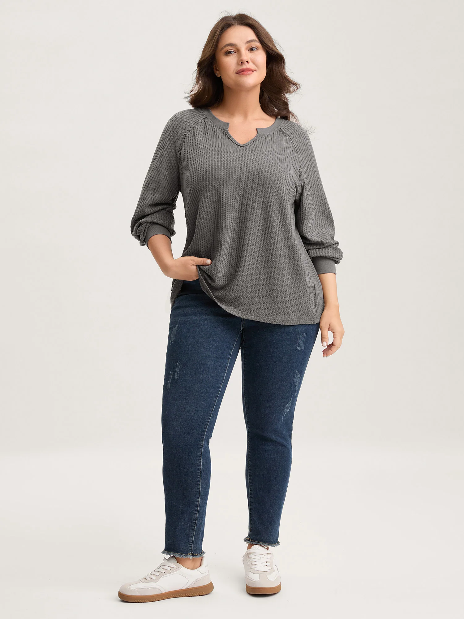 Waffle Grid Notched Collar Lace Sweatshirt