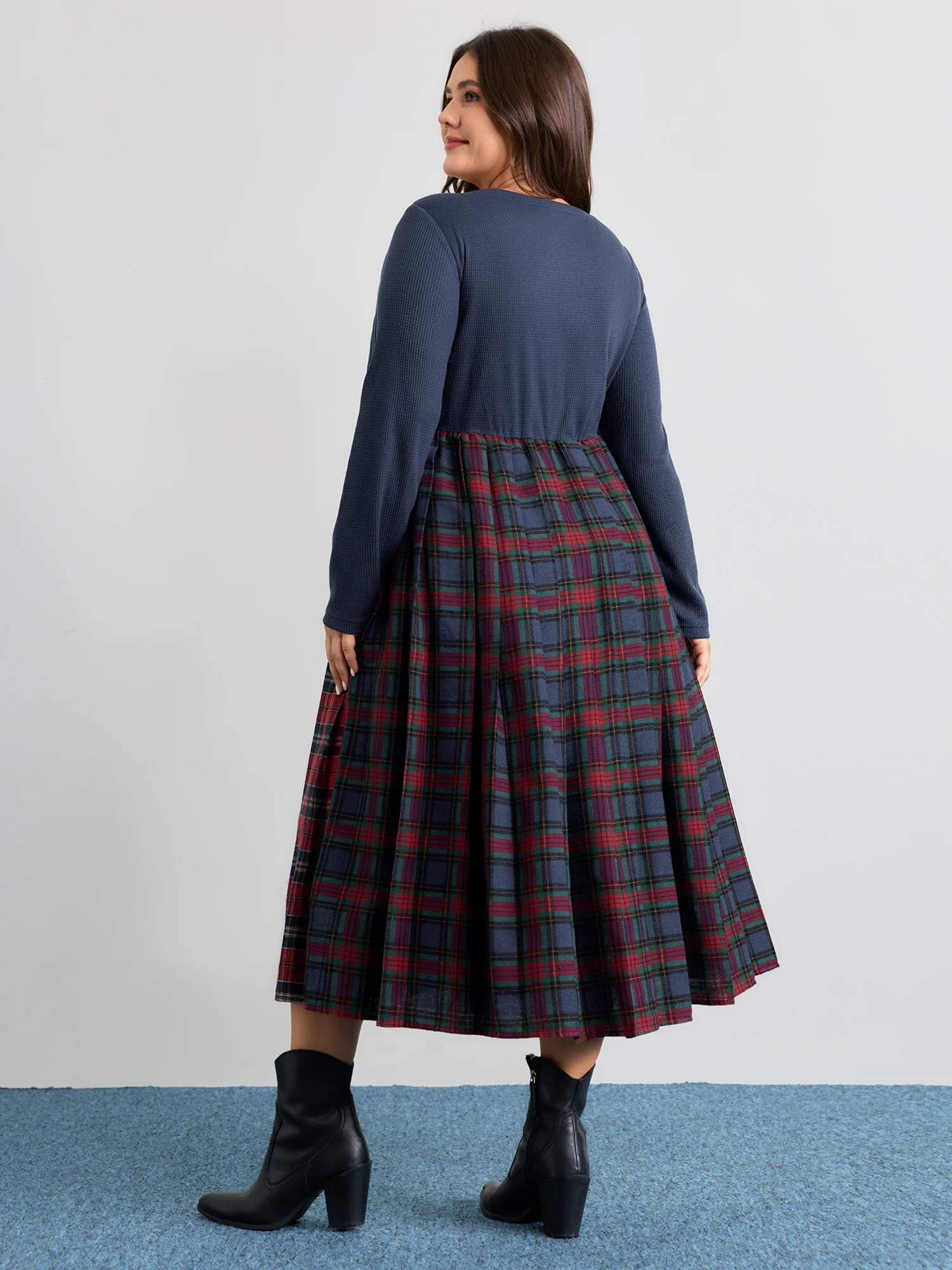 Plaid Waffle Color Contrast Midi Dress