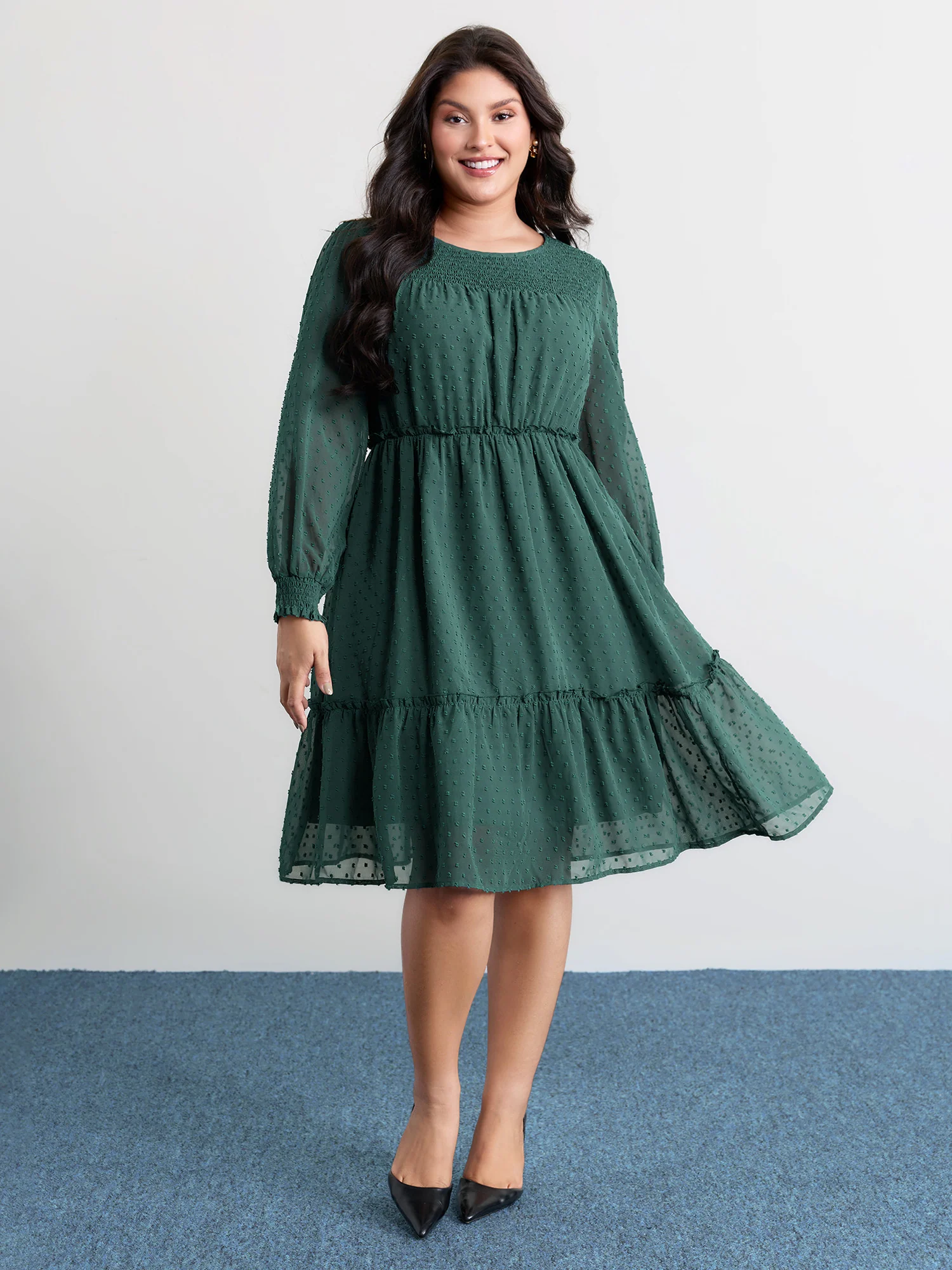 Chiffon Textured Shirred Ruffled Midi Dress