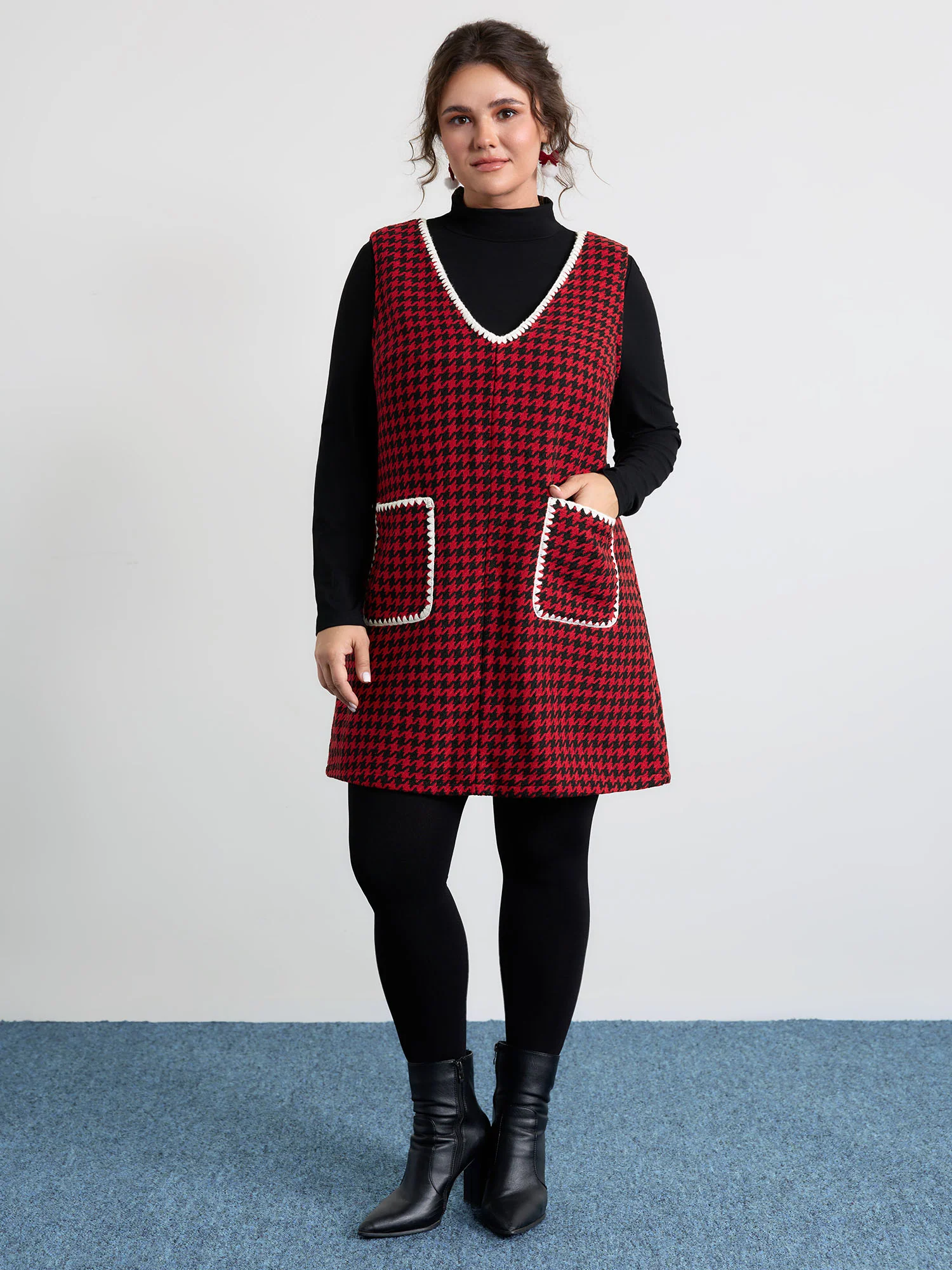 Houndstooth Embroidery Patch Pockets Dress