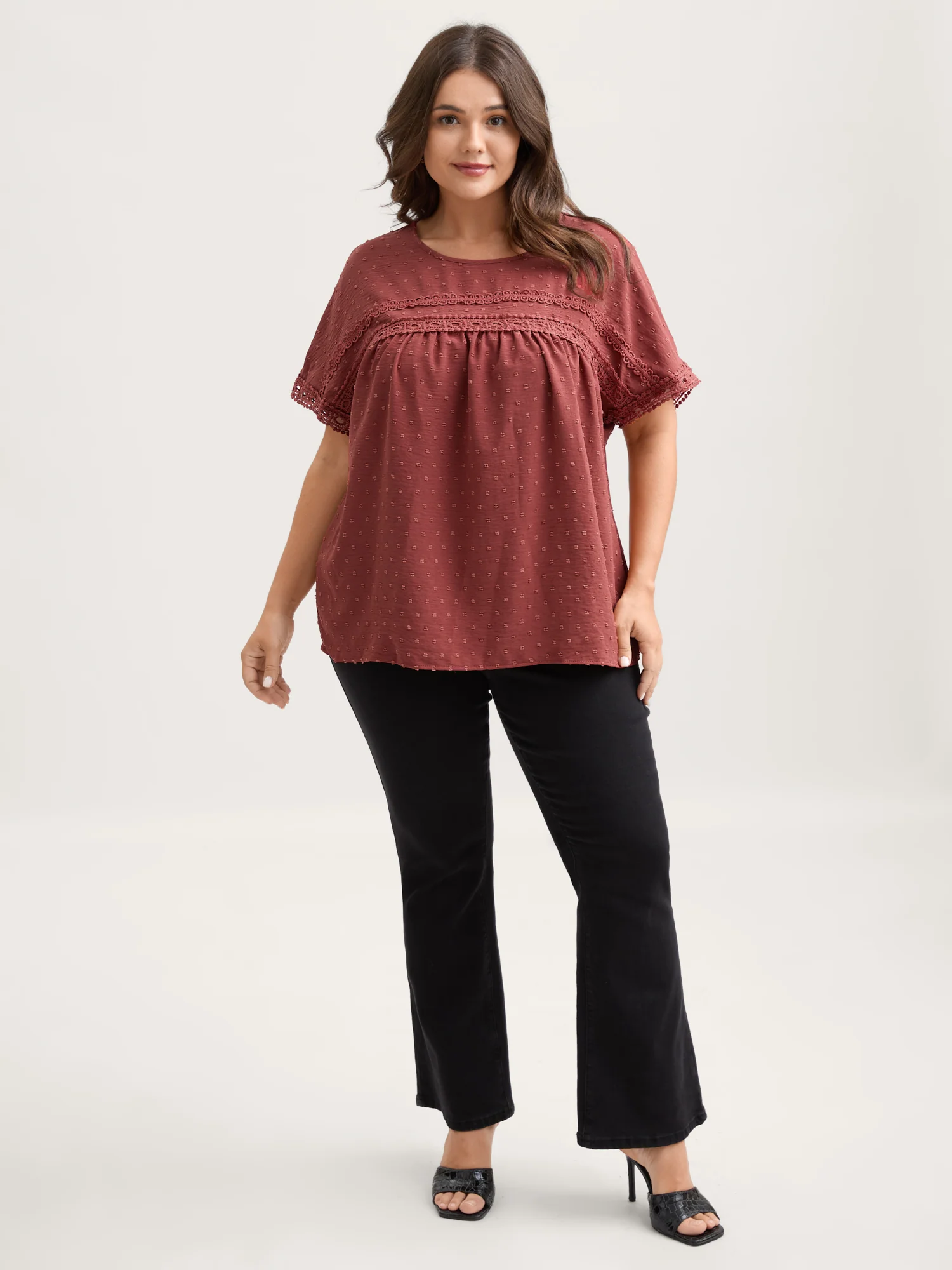 Textured Lace Trim Solid Blouse