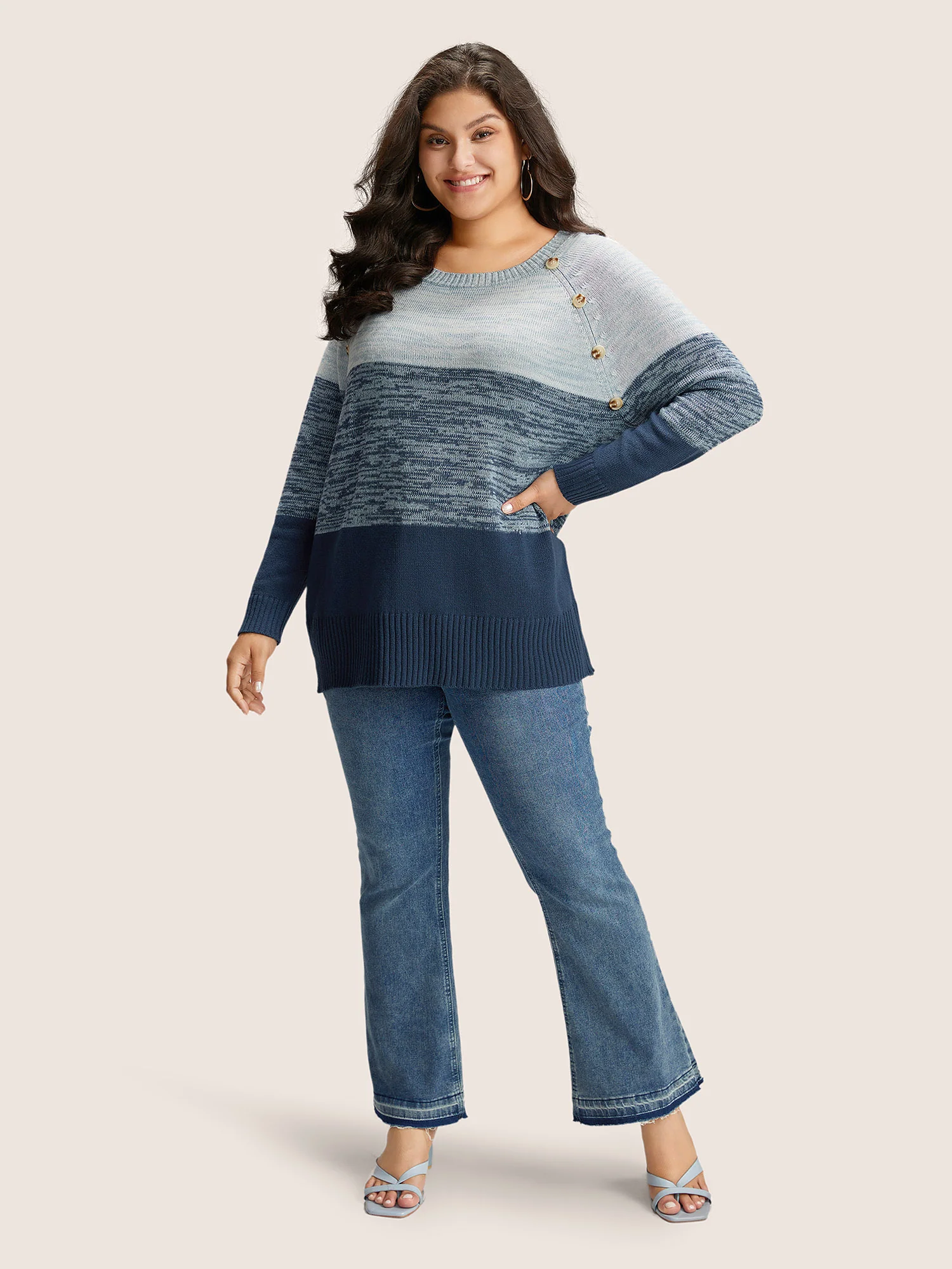 Colorblock Contrast Heather Button Detail Pullover