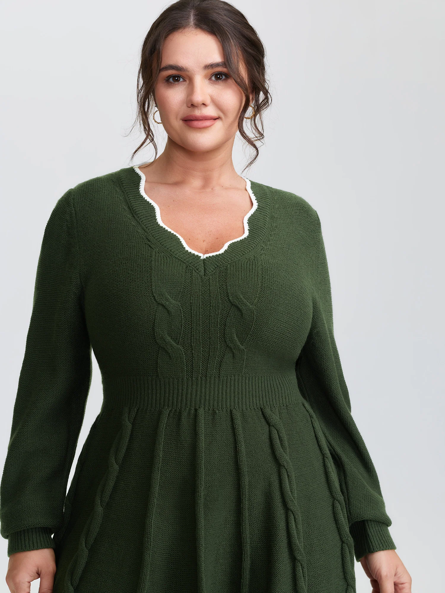 Scalloped V-Neck Fit and Flare Sweater Dress