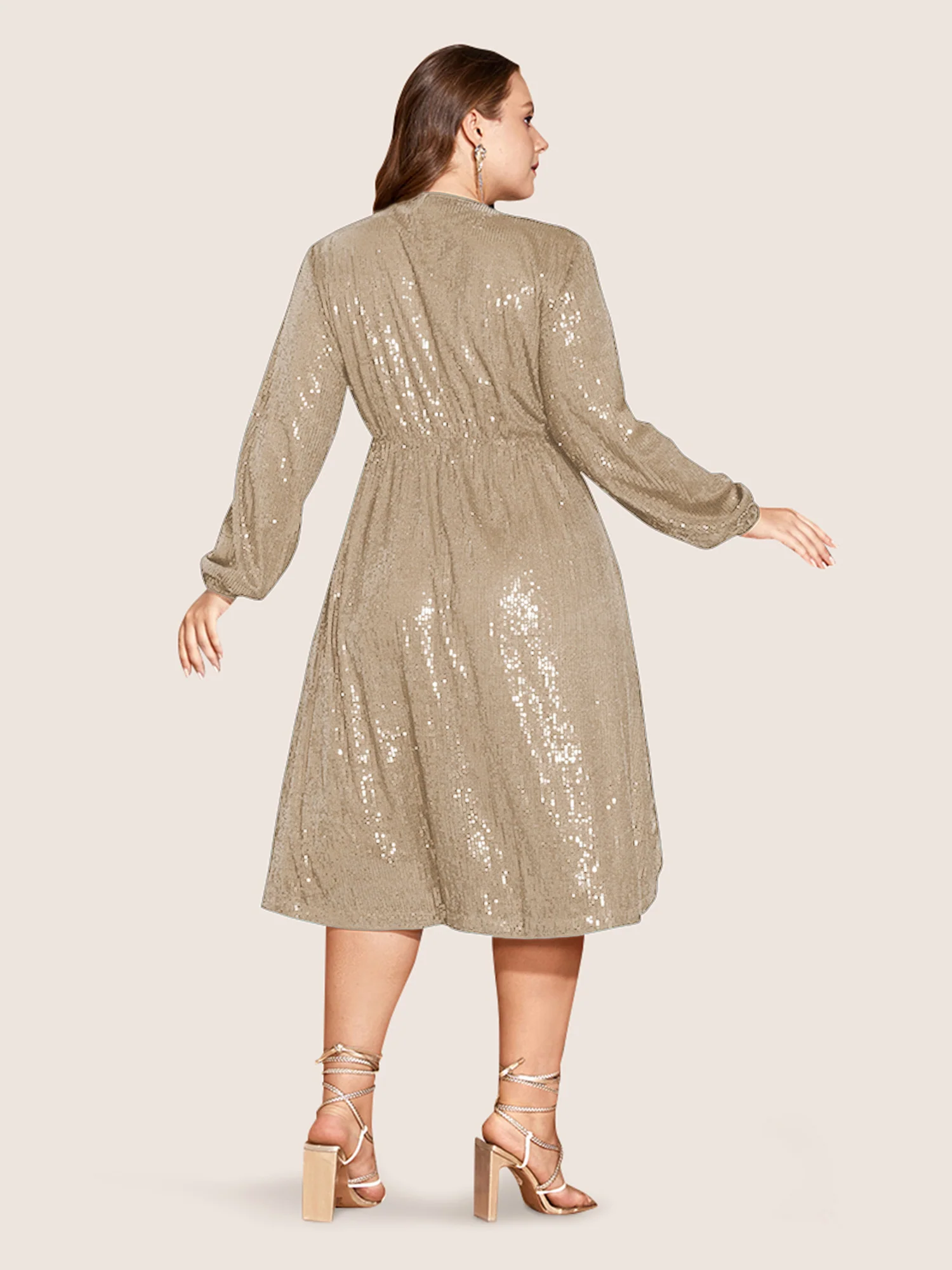 Solid Pocket Lantern Sleeve Wrap Sequin Dress
