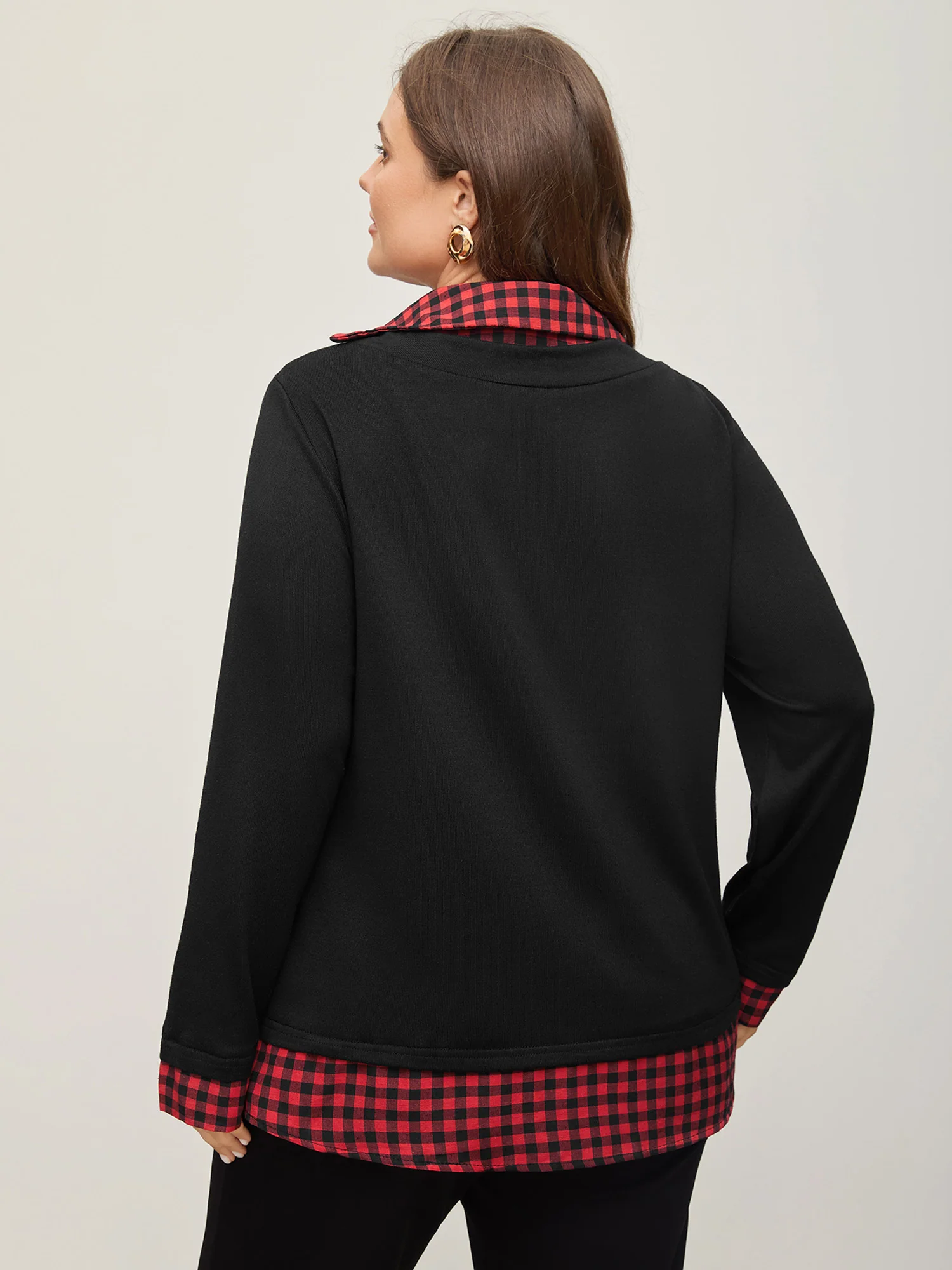 Gingham Patchwork Shirt Collar Arc Hem Sweatshirt