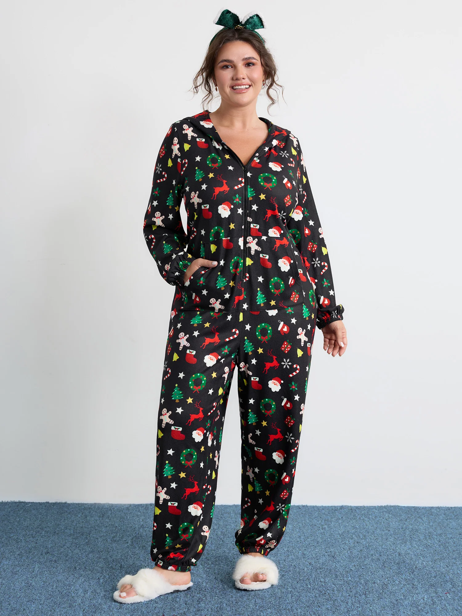 Holiday Spirit Pockets Hooded Sleep Jumpsuit