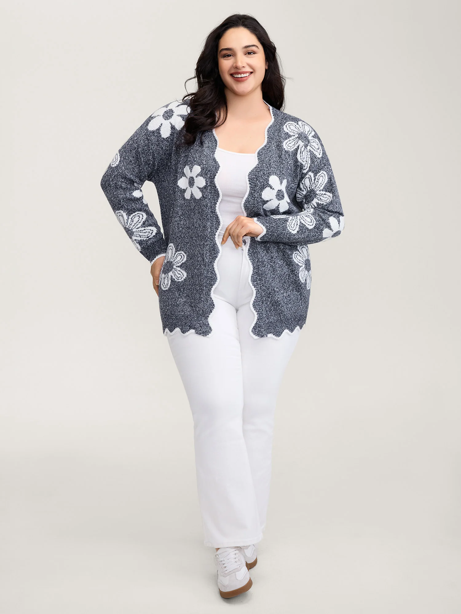 Floral Pattern Open-Front Knitted Cardigan