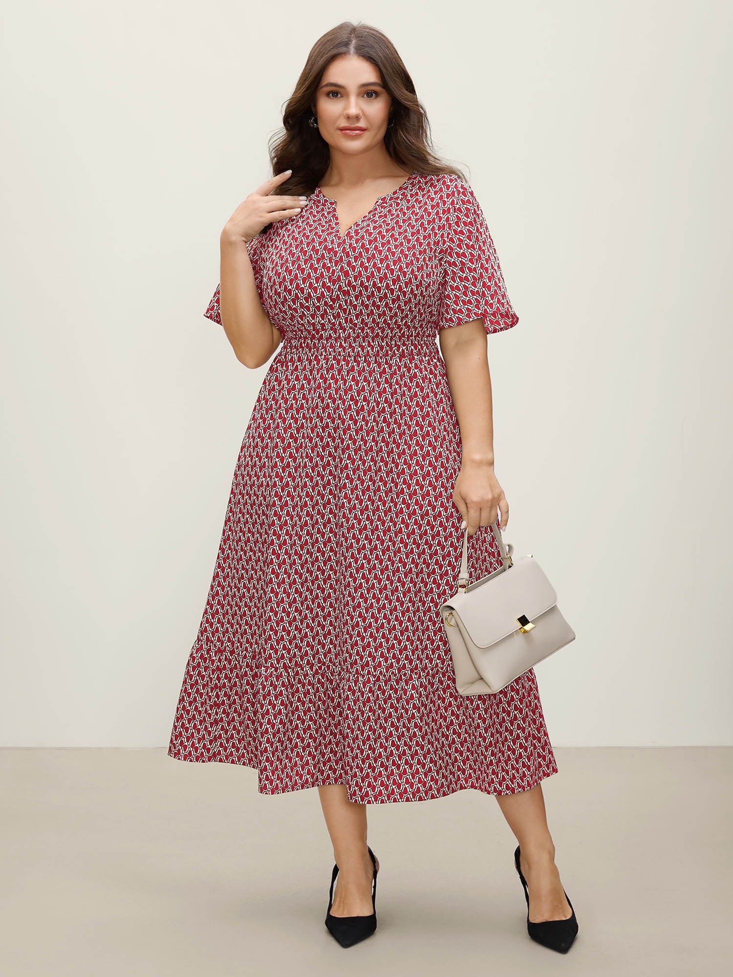 Geometric Print Waist-Cinched Tiered Midi Dress