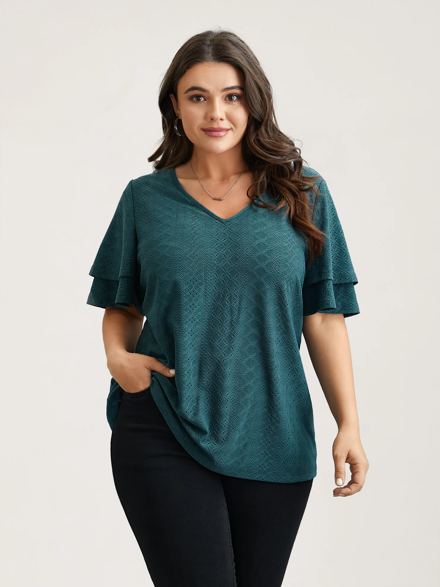 Jacquard Textured Lotus Leaf Sleeve Top