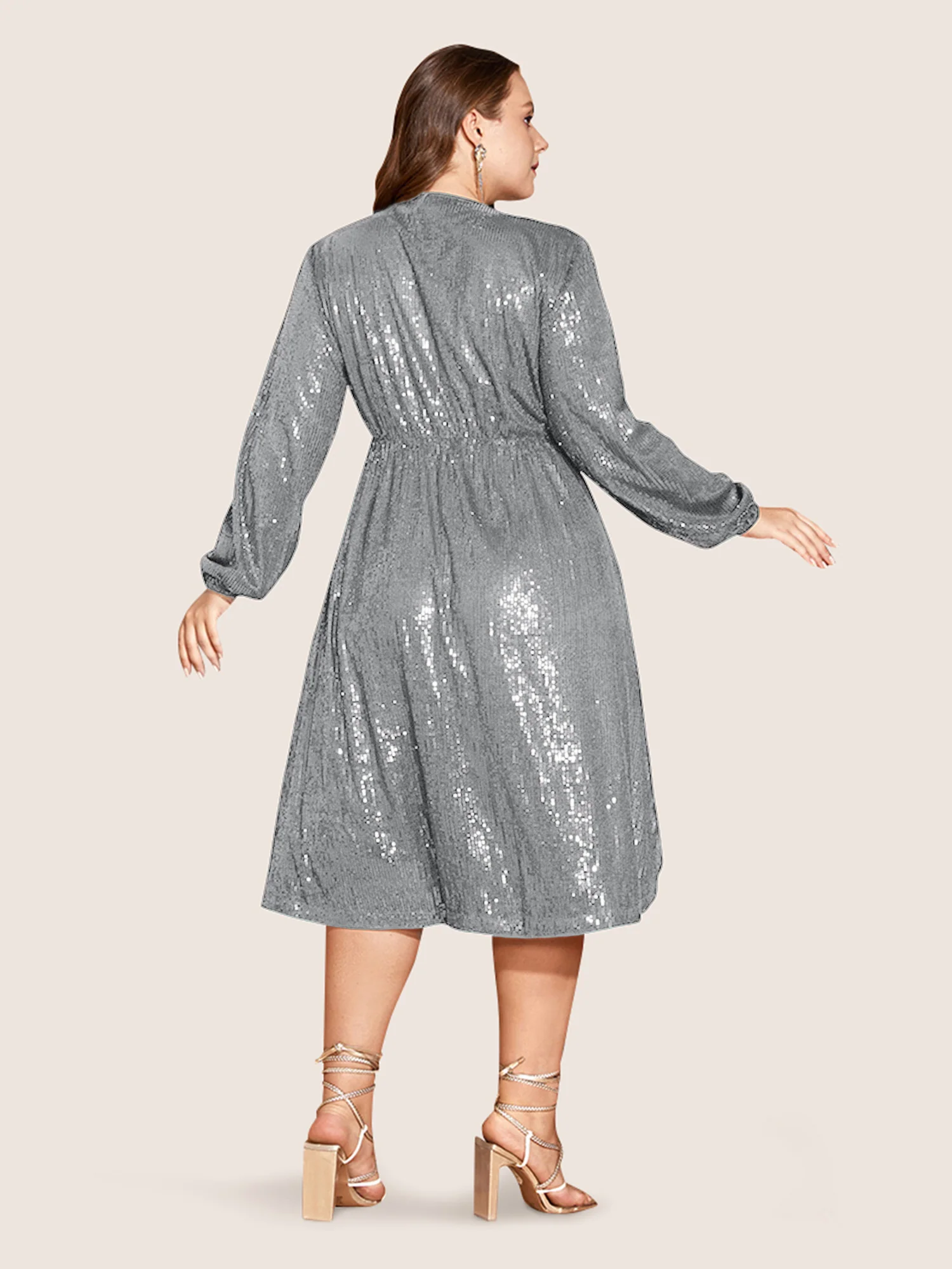 Solid Pocket Lantern Sleeve Wrap Sequin Dress