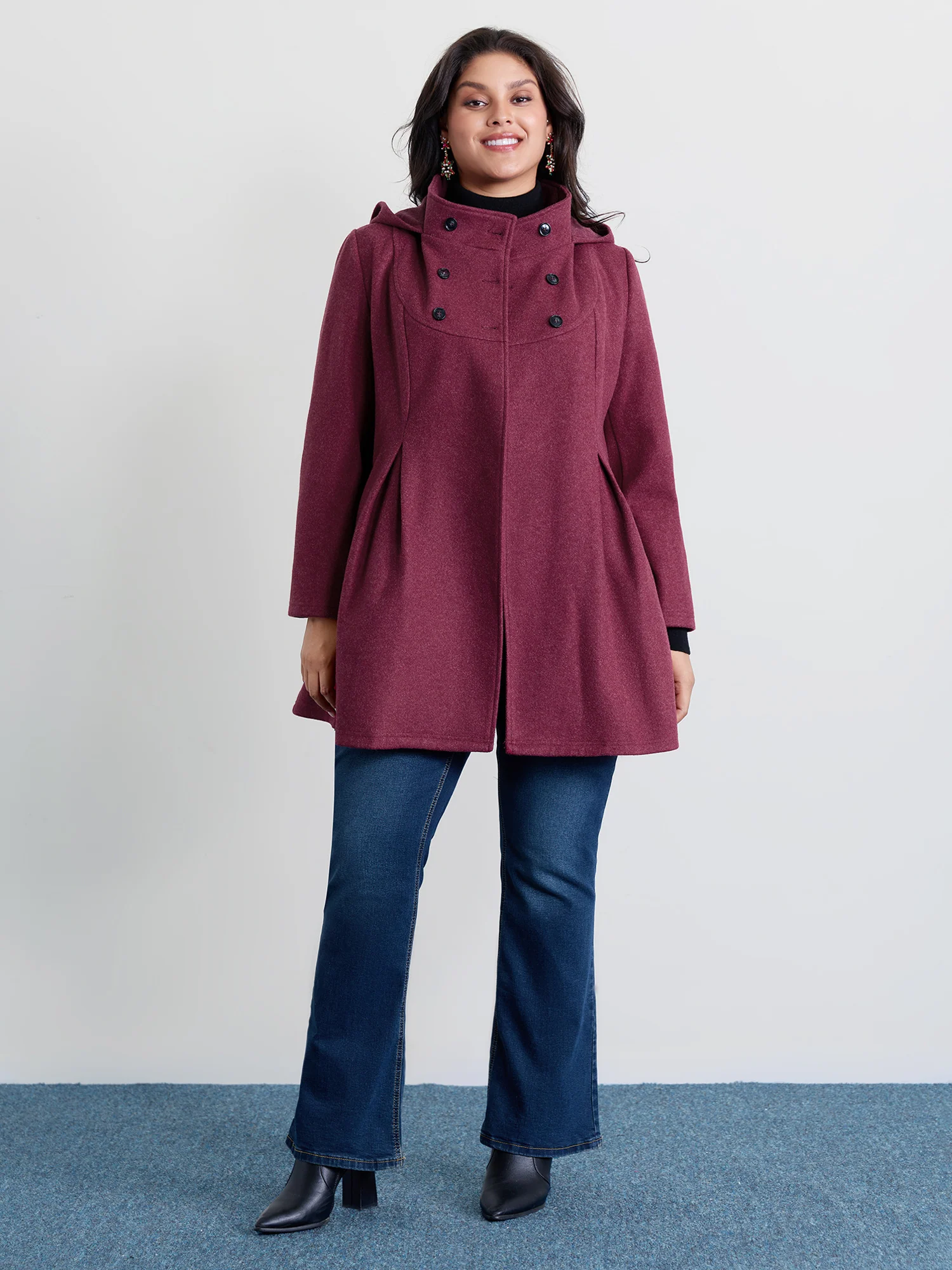 Hooded Pleated Pockets Waist-Defining Coat