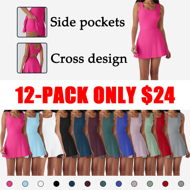 Women's U-Neck Backless Active Dress with Built-In Shorts