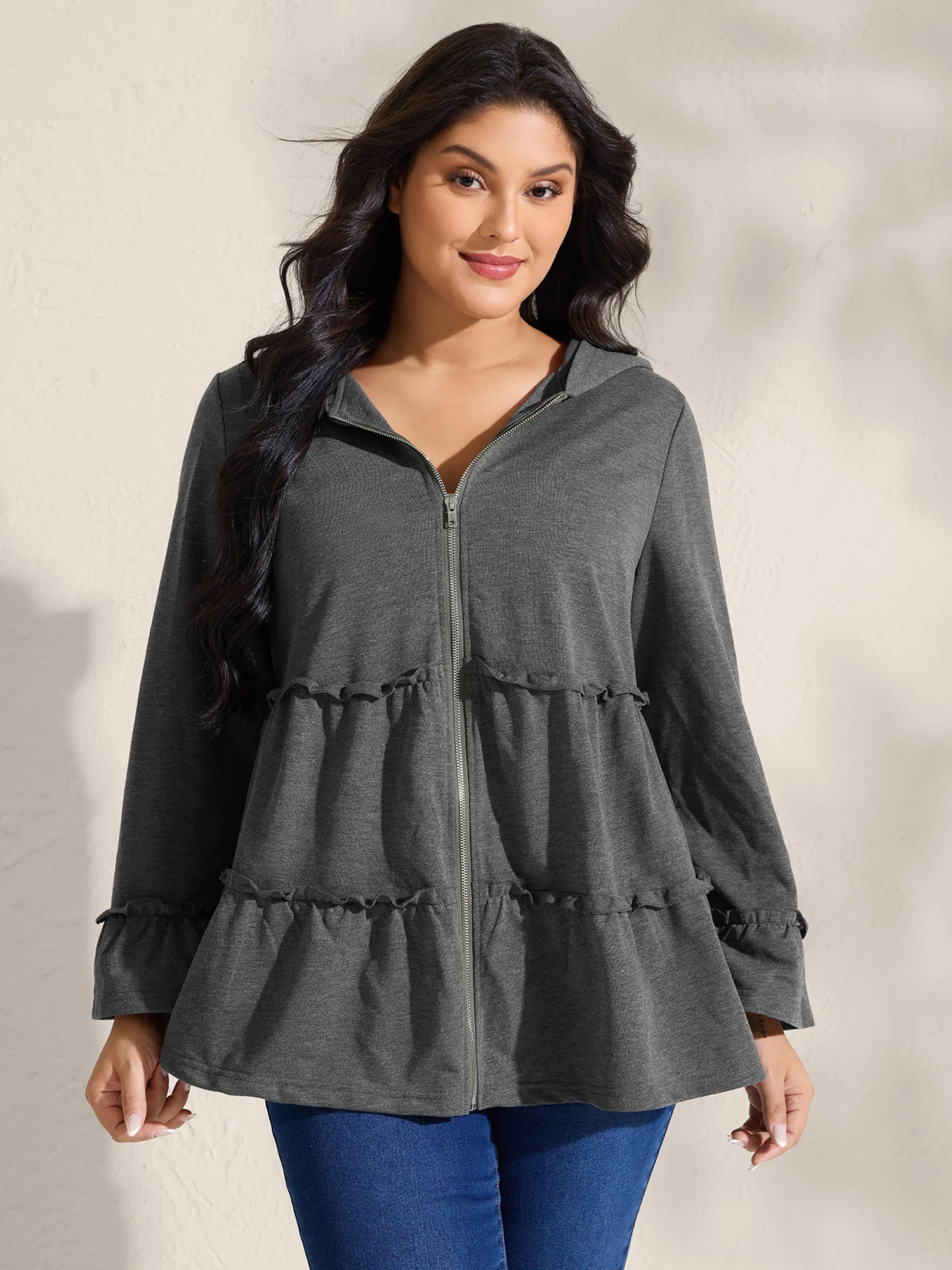 Tiered Ruffled Edges Pockets Jacket