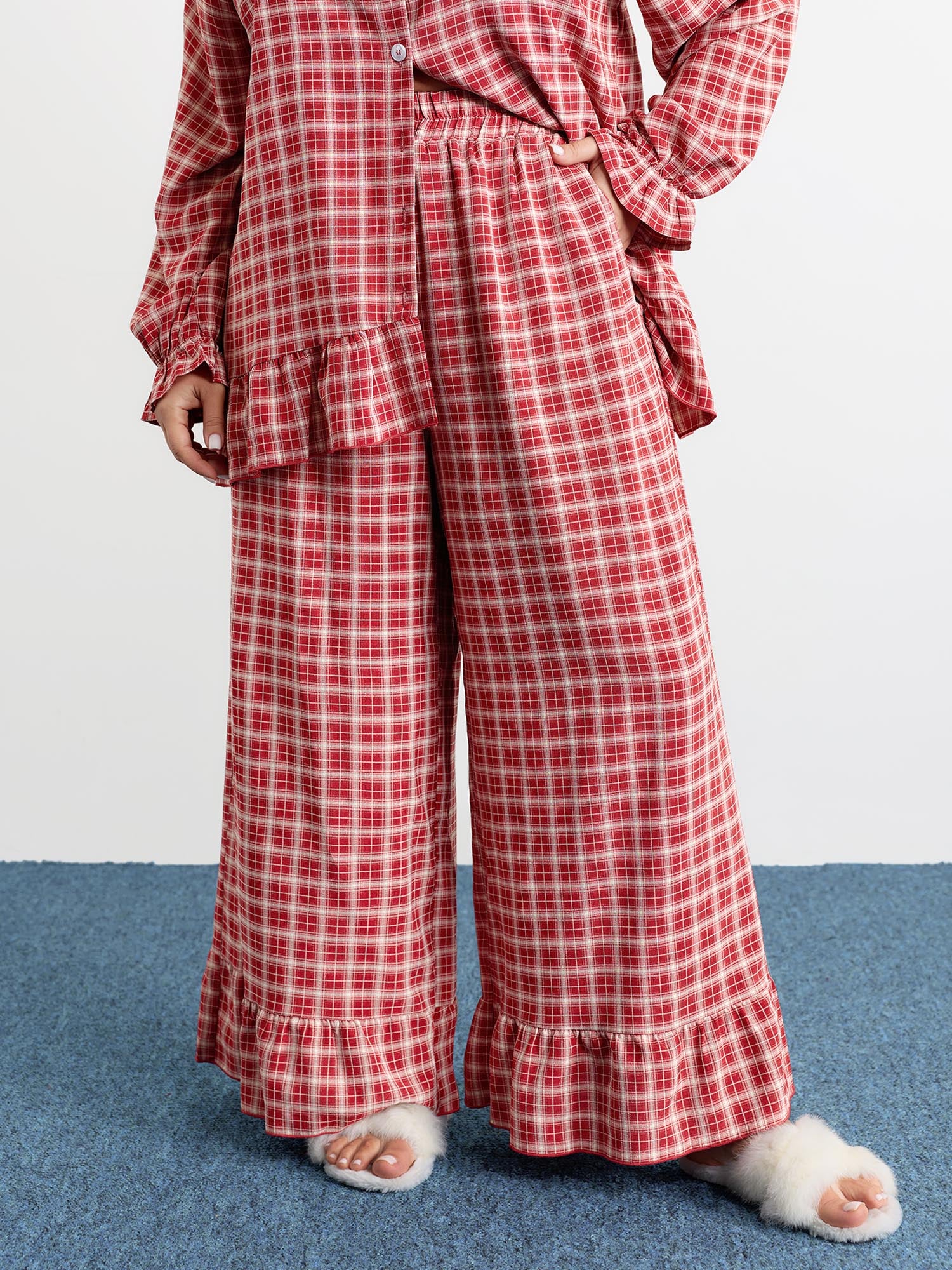 Gingham Ruffled Hem Loungewear Set