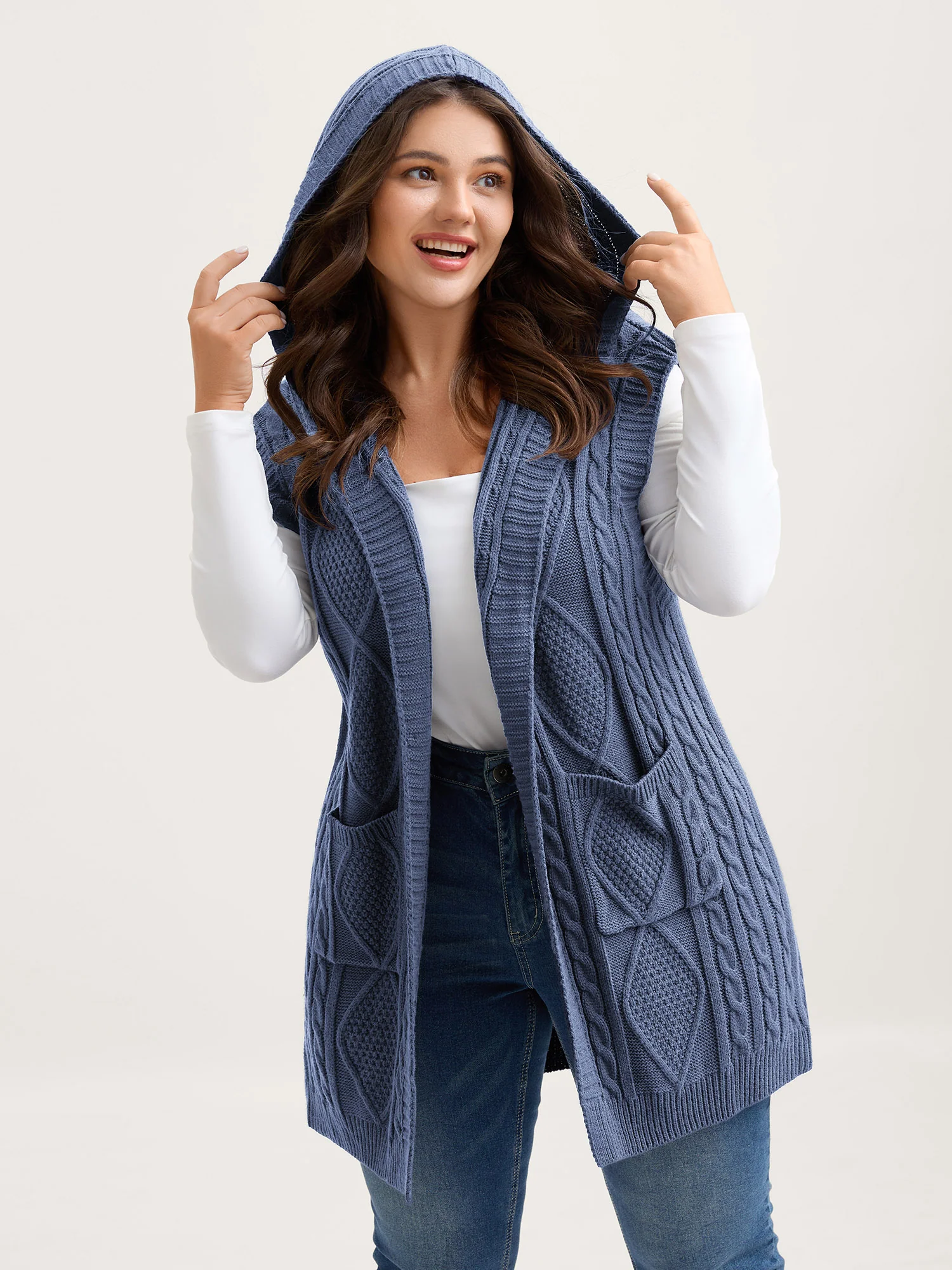 Twisted Hooded Sleeveless Knit Cardigan