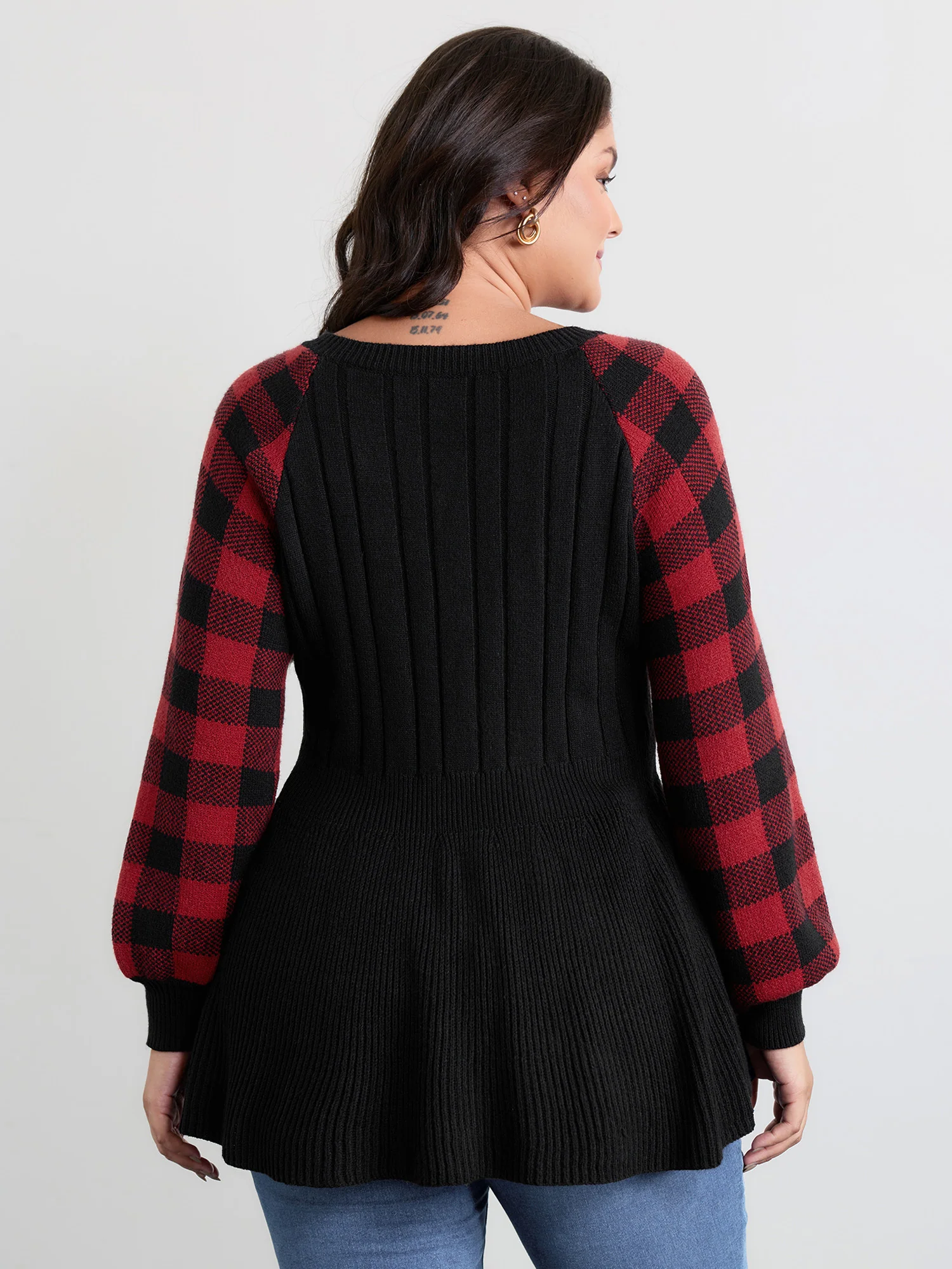 Check Jacquard Cableknit Cinched-Waist Pullover