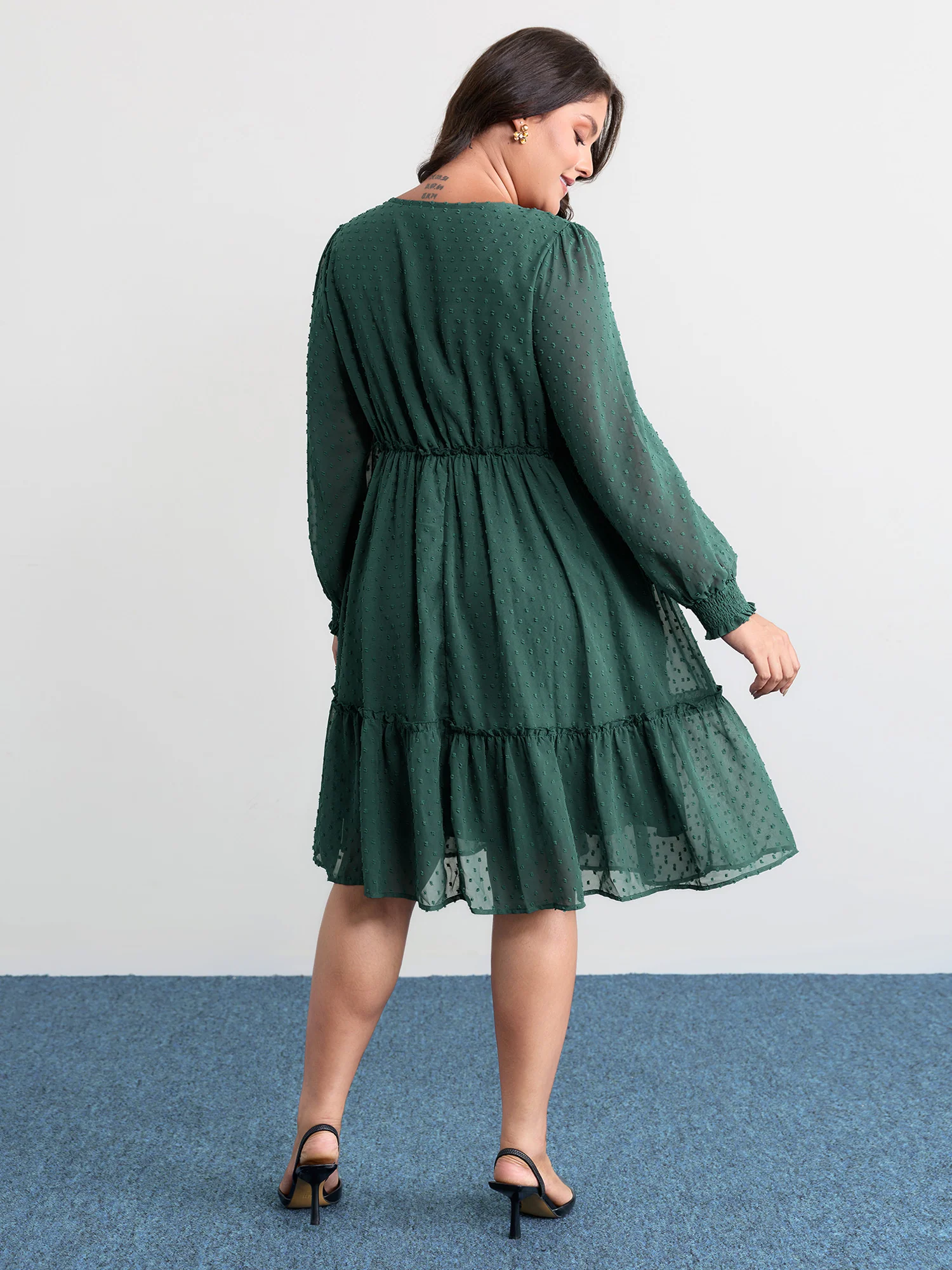 Chiffon Textured Shirred Ruffled Midi Dress