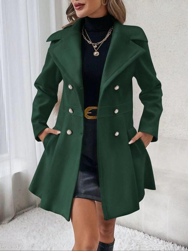 Women's Solid Double Button Pocket Overcoat, Casual Long Sleeve Lapel Neck Outerwear for Fall & Winter, Women's Clothes for Daily Wear, Clothing for Women, Cute Tops