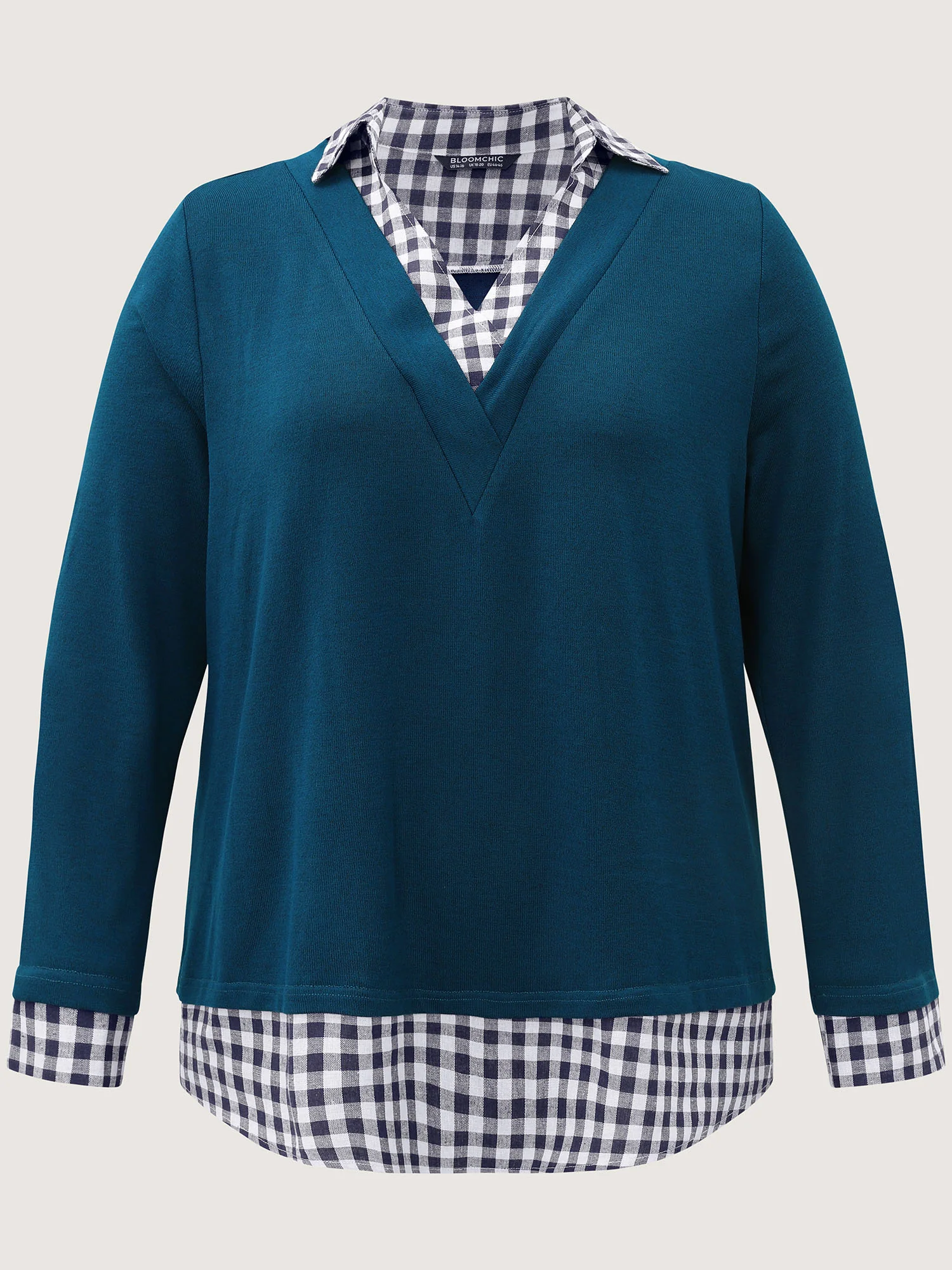 Gingham Patchwork Shirt Collar Arc Hem Sweatshirt