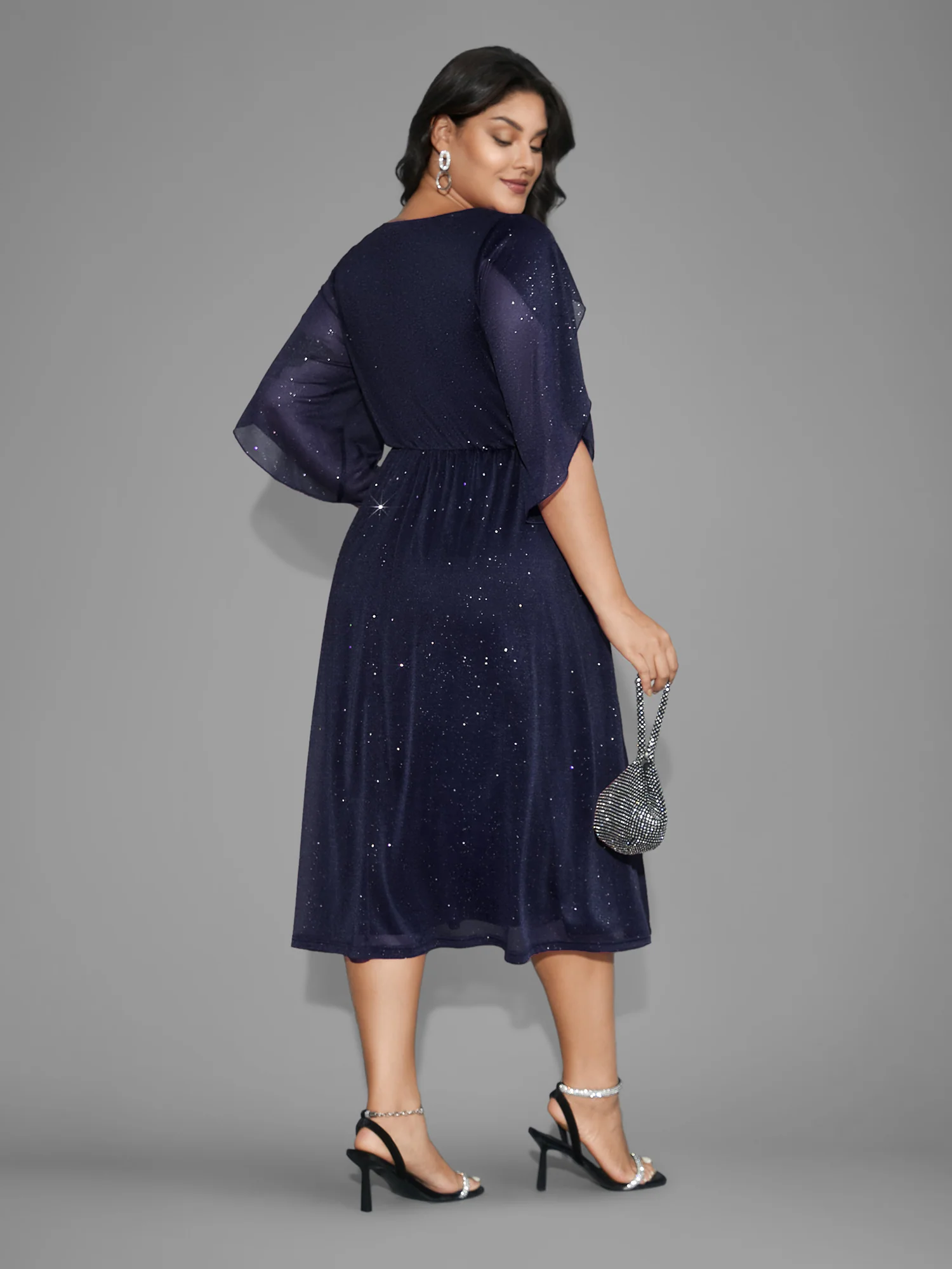Glitter Mesh Petal Sleeve Midi Dress