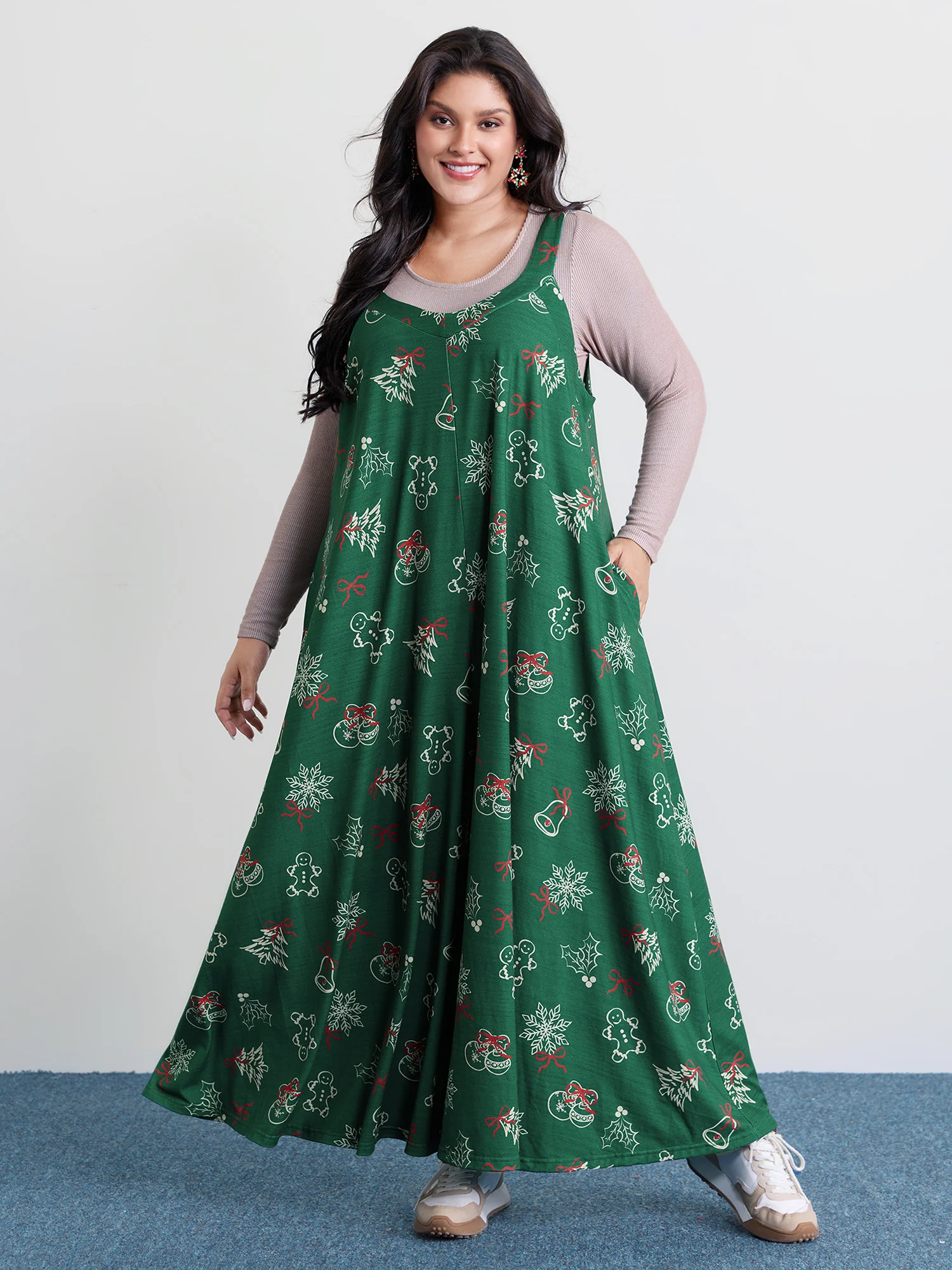 Tree Gingerbread Print Knit Jumpsuit