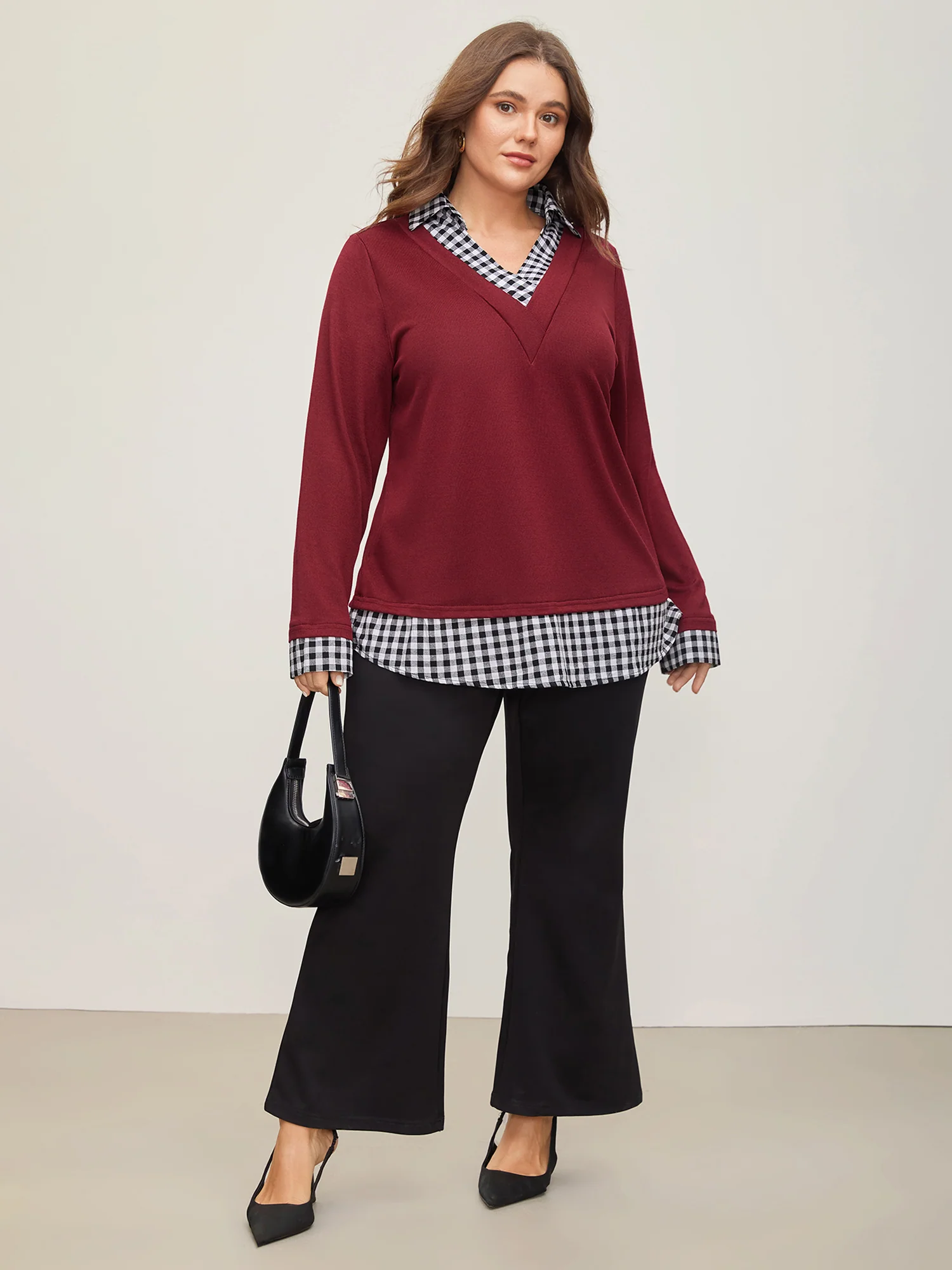 Gingham Patchwork Shirt Collar Arc Hem Sweatshirt