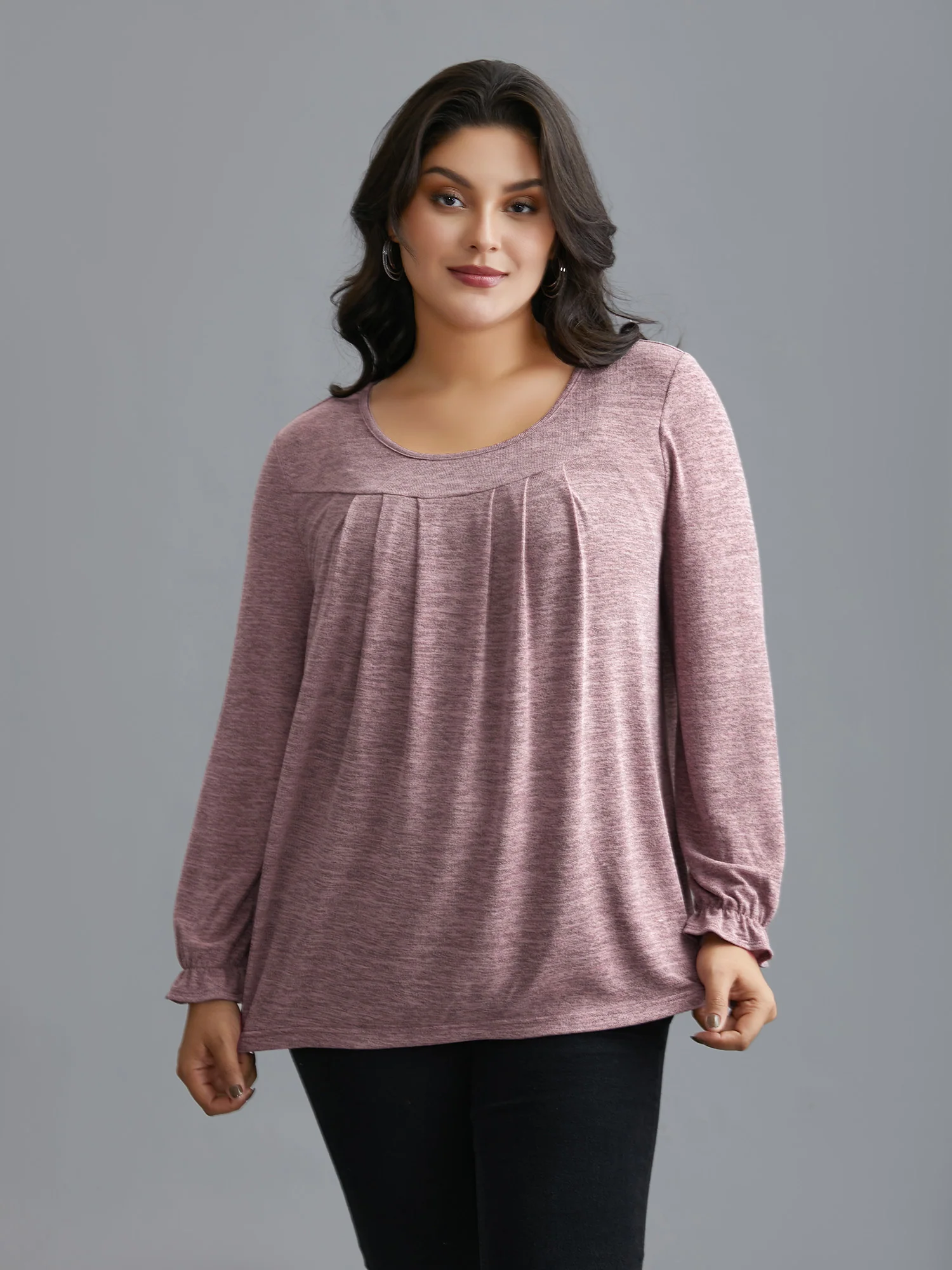 Round Neck Heather Pleated T-shirt