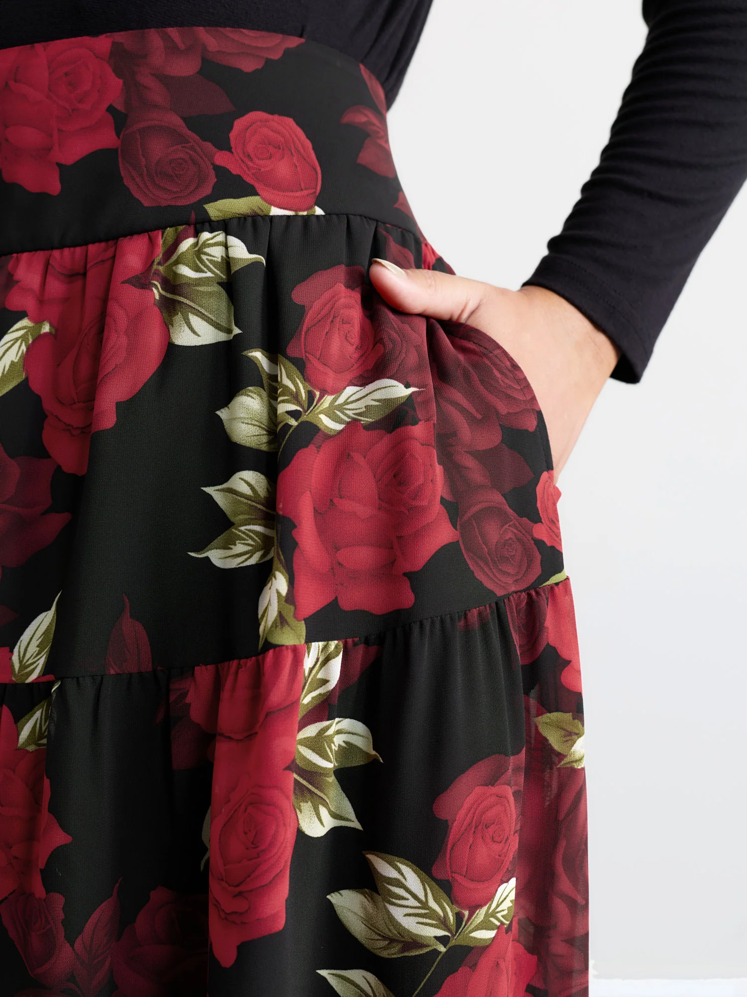 Large Flower Print Wide Waistband Midi Skirt