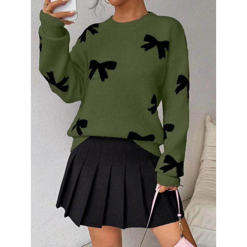 🔥Last day promotion⚡Fashion Bow Print Casual Loose Knitted Sweater Pullover Autumn/Winter Women Pullovers New O-Neck Full Sleeve Knit Sweater