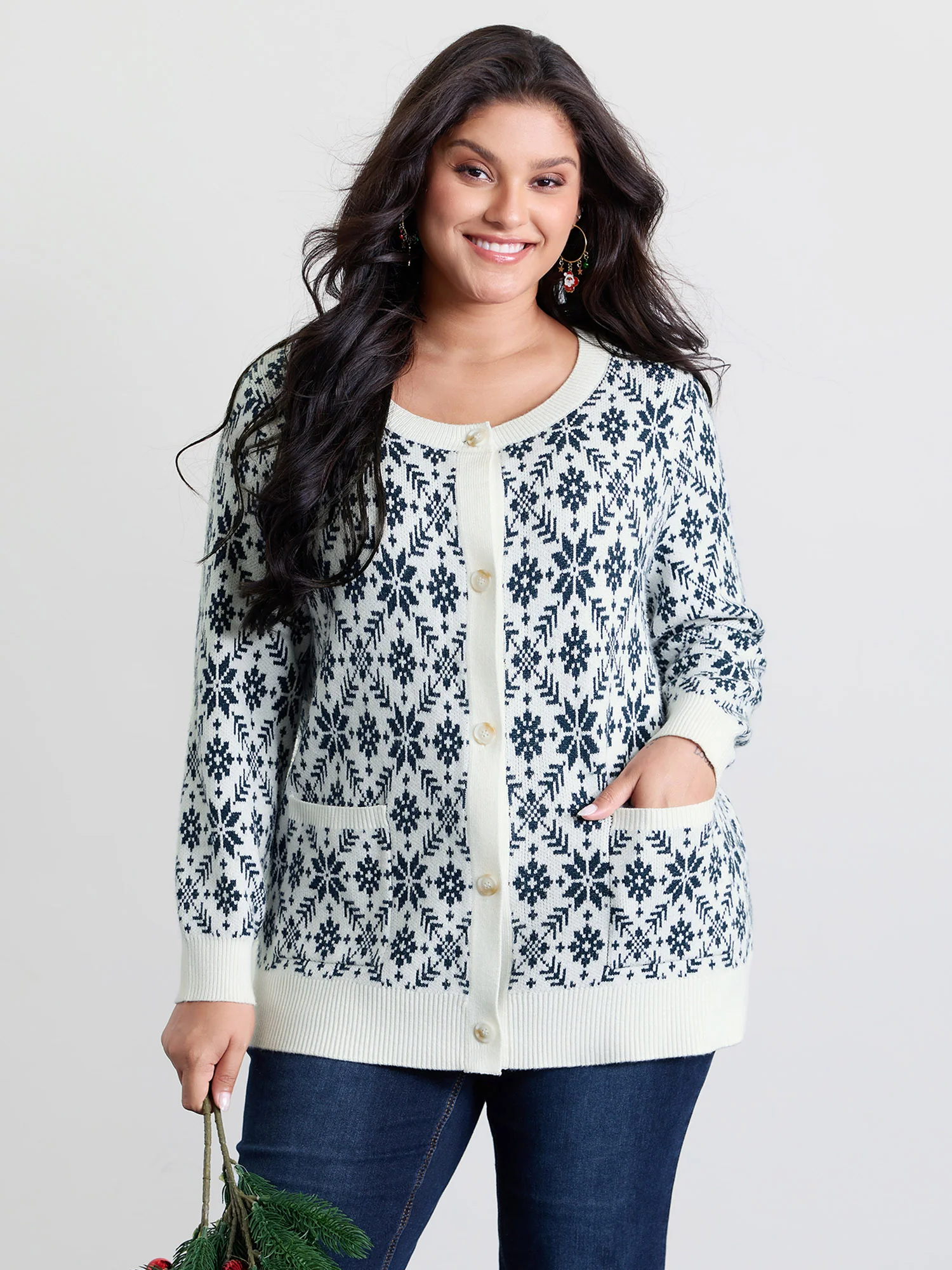 Supersoft Snowflake Jacquard Pattern Pockets Knit Cardigan