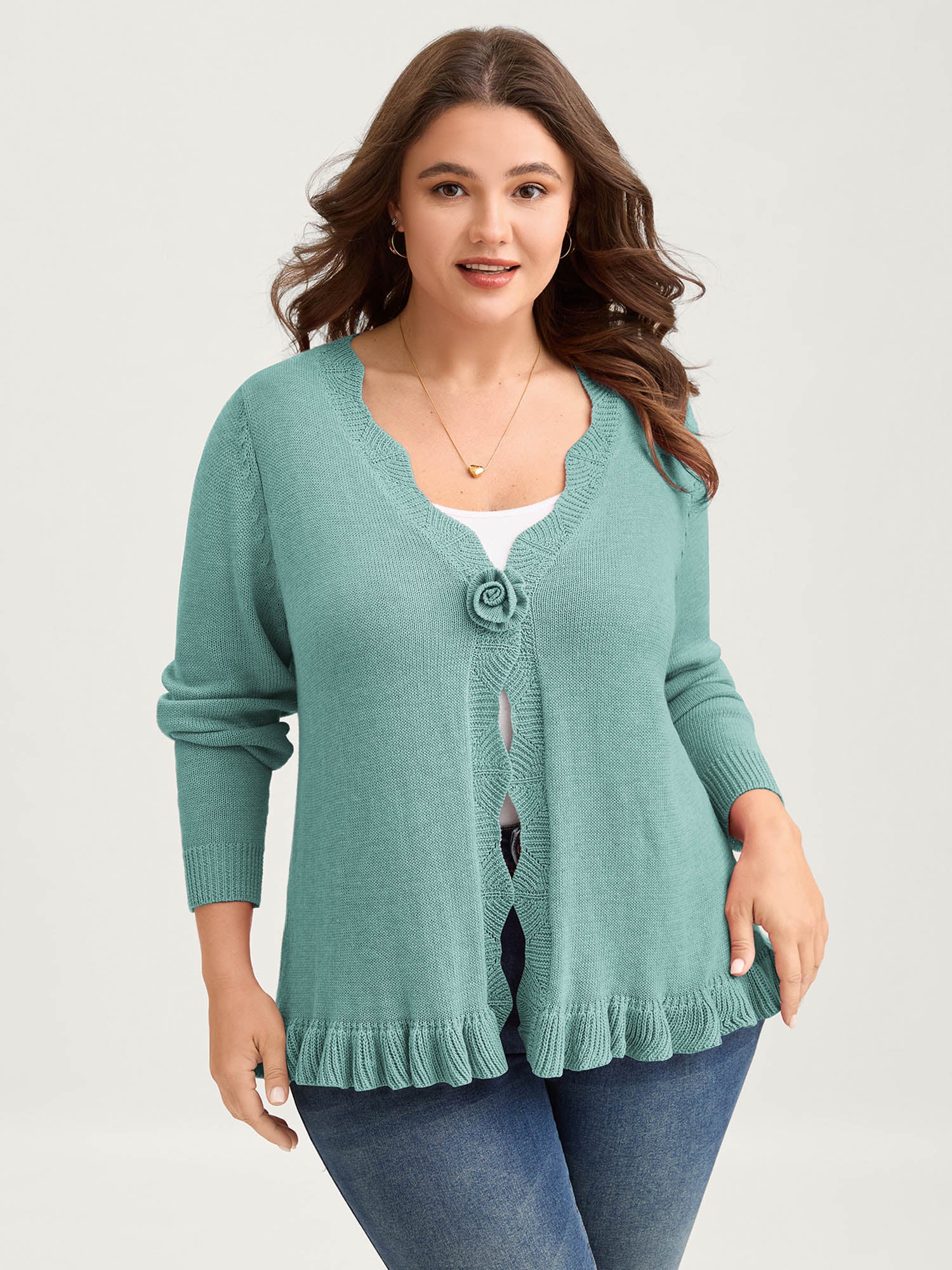 Supersoft Textured Floral Button Ruffled Hem Knit Cardigan