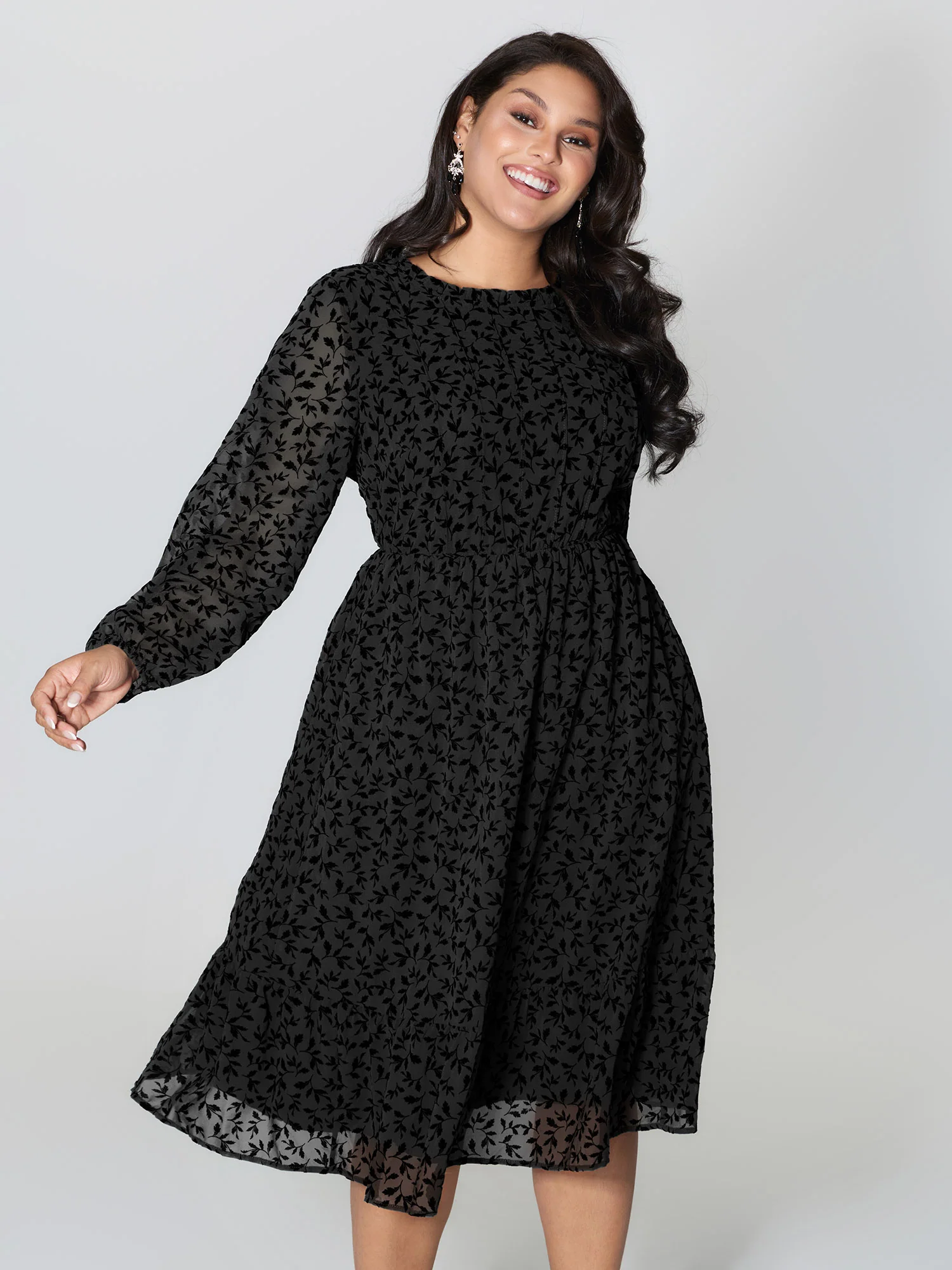 Flocked Floral Shirred Ruffled Neck Midi Dress