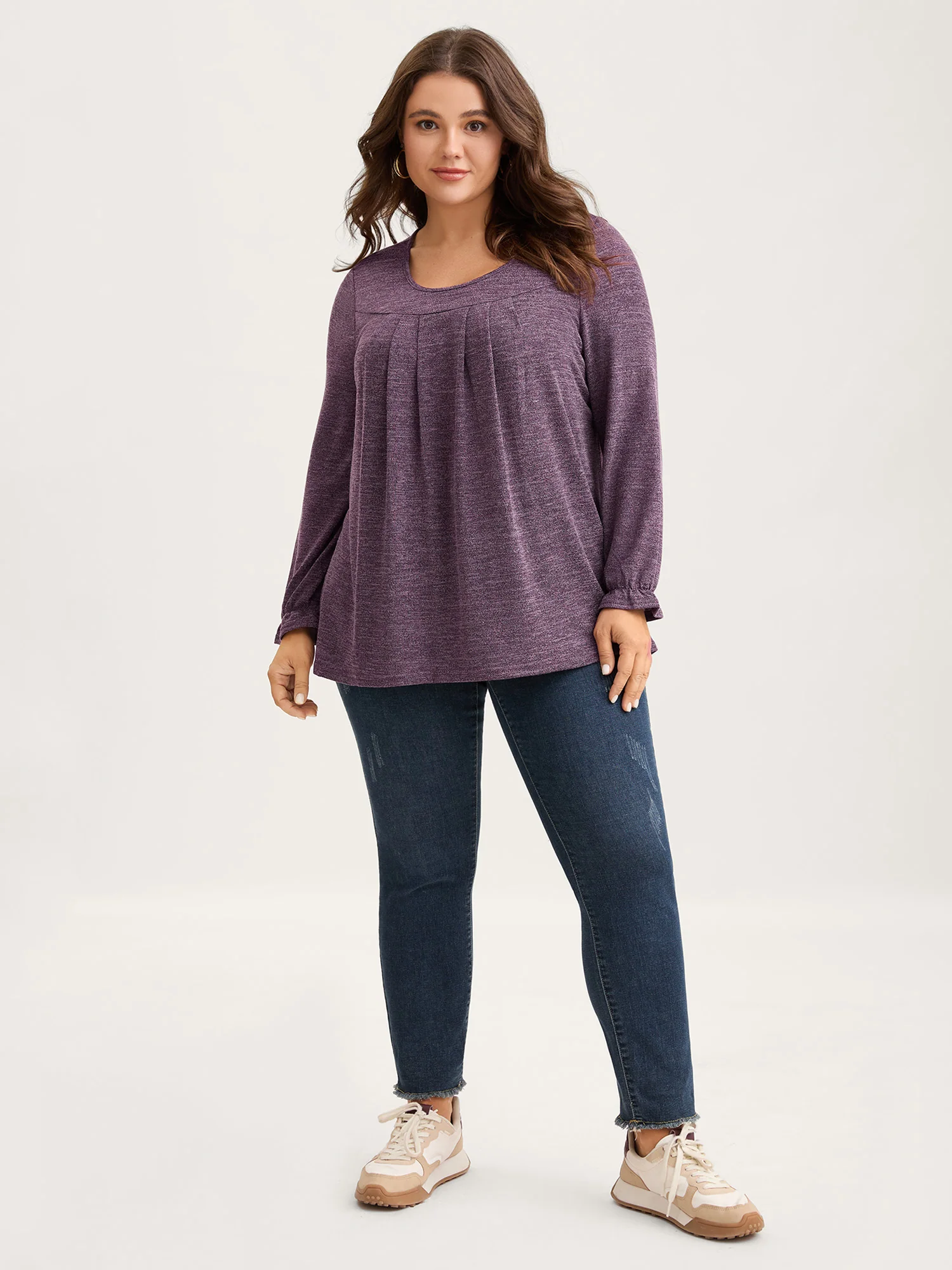 Round Neck Heather Pleated T-shirt