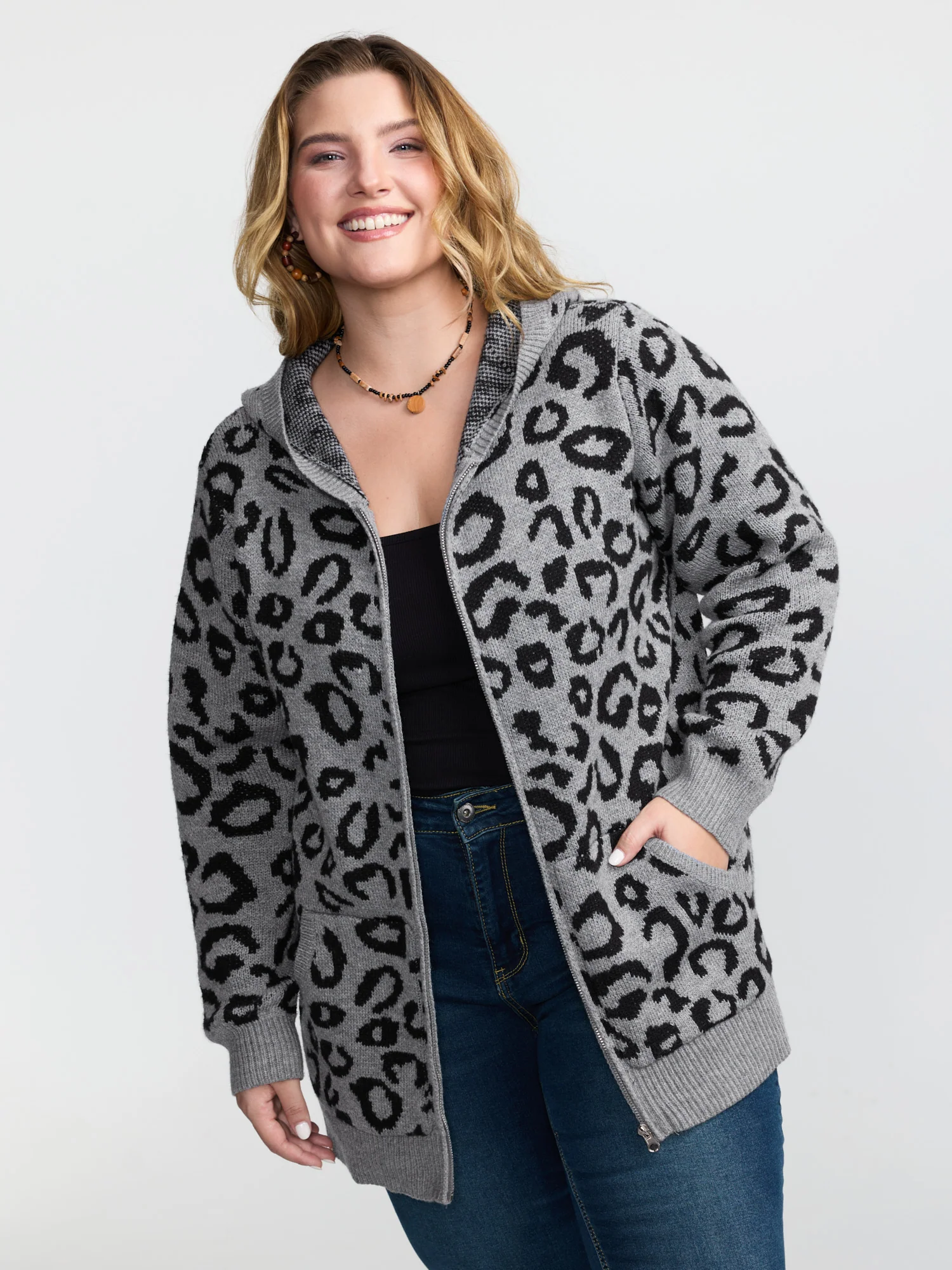 Leopard Print Jacquard Hooded Knit Cardigan