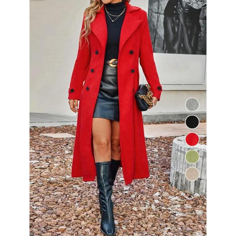 Women Solid Color Double Button Lapel Wool Coat Elegant Long Sleeve Long Coat Autumn Winter Women Clothing