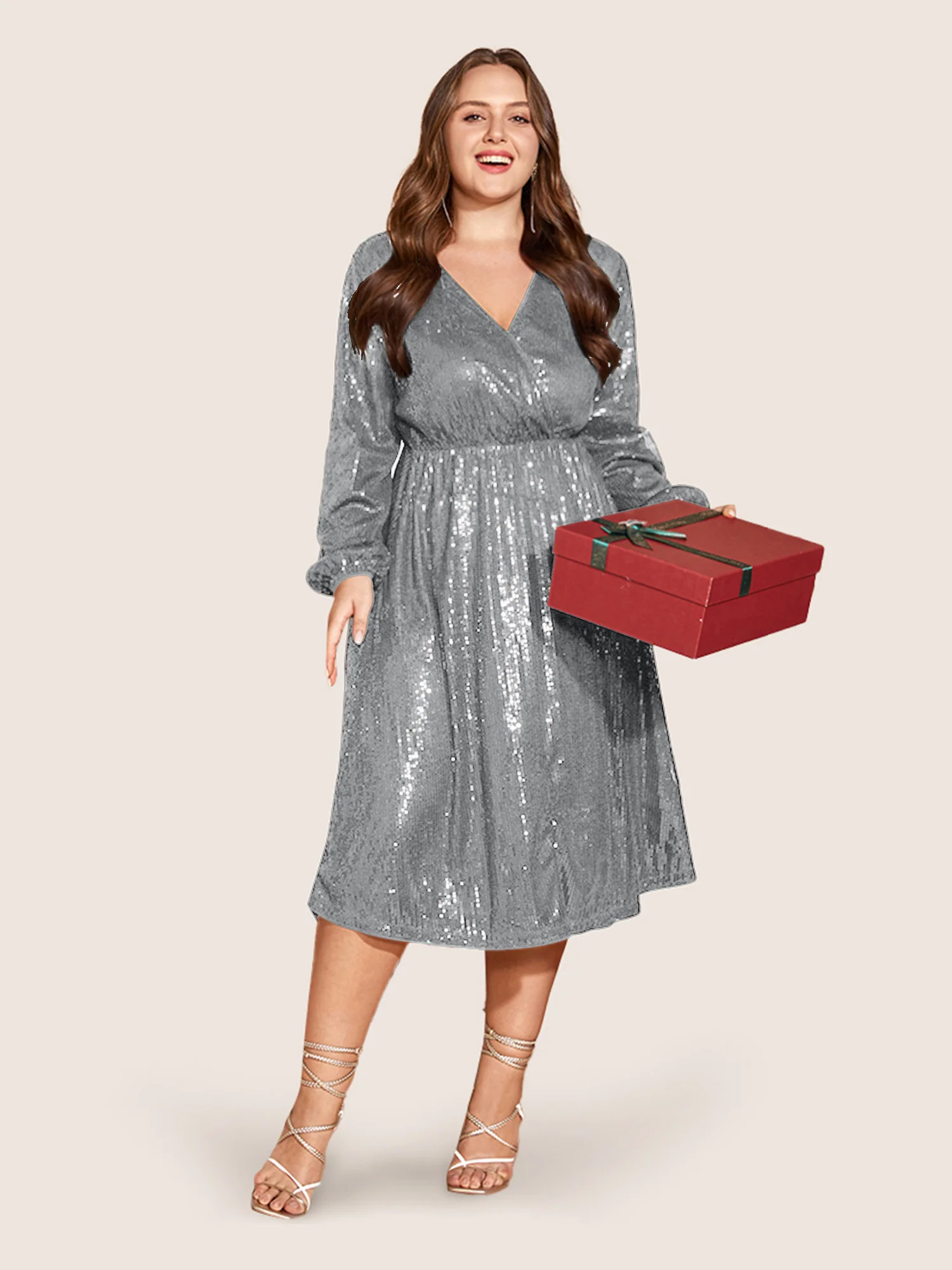 Solid Pocket Lantern Sleeve Wrap Sequin Dress