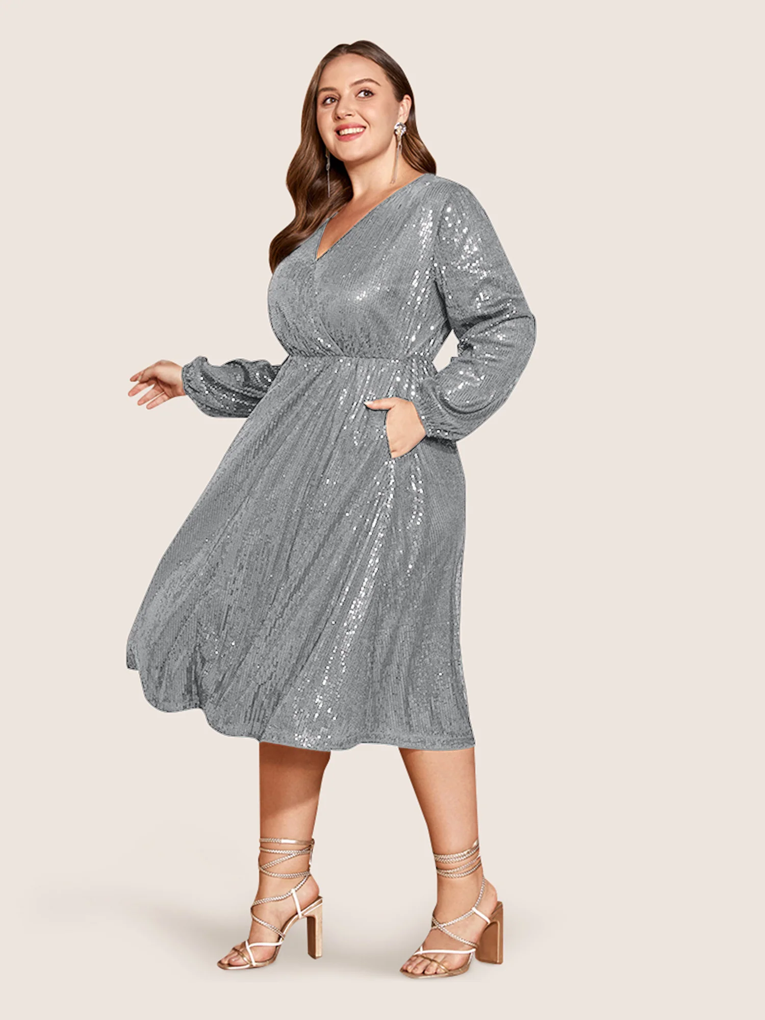 Solid Pocket Lantern Sleeve Wrap Sequin Dress