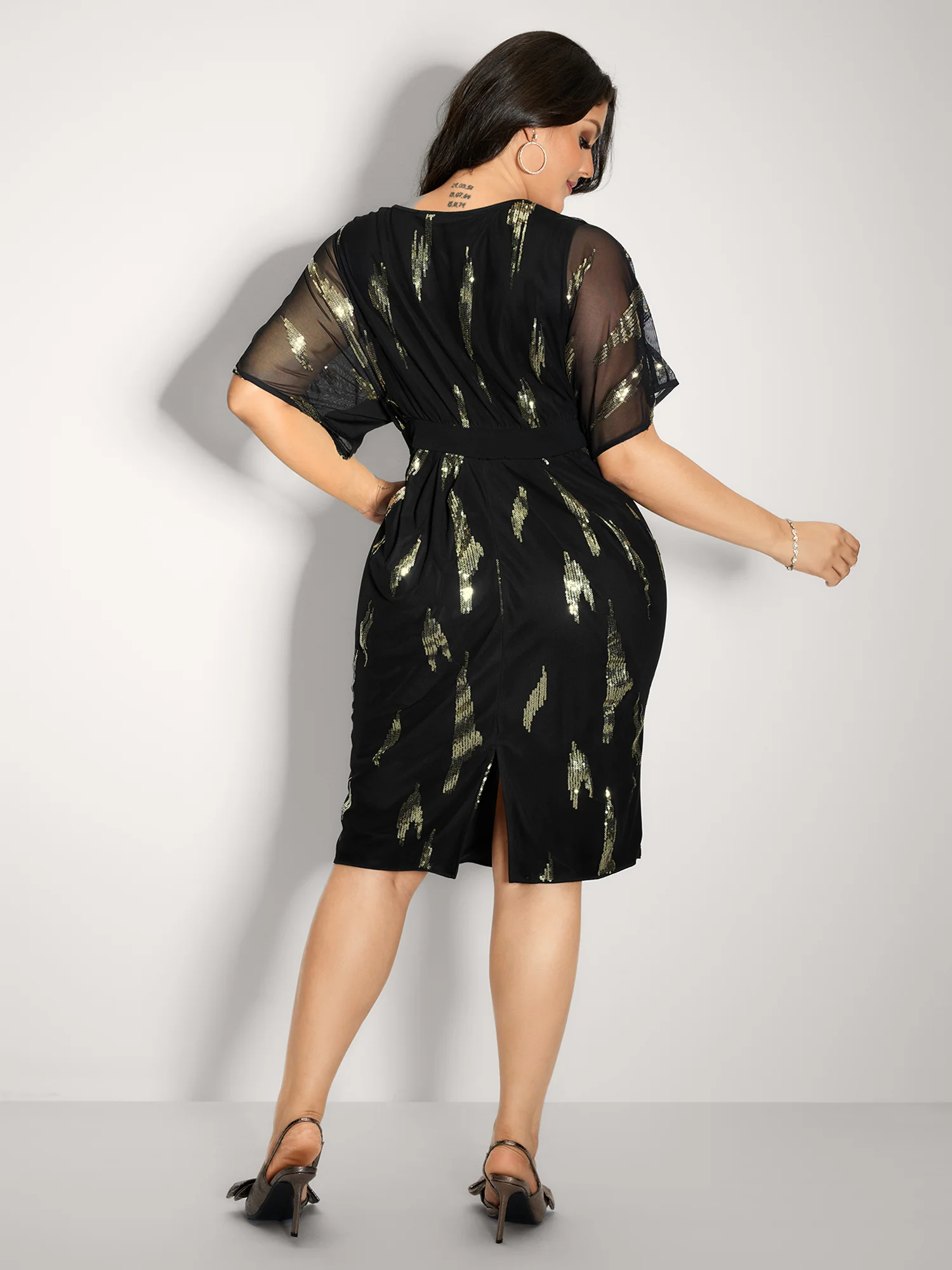 Sequin Embroidery Pleated Waist Midi Dress